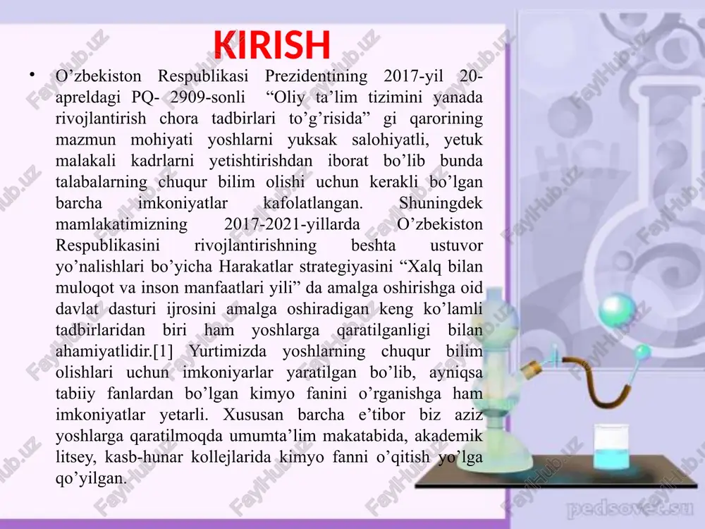 ksidlash qobilyatidan foydalanishga imkon beradi. bu metodlardan tashqari miqdoriy-analizning laboratoriya amaliyotida stremetriya,titanometriya kabi redoksimetriya metodlaridan xam kerakli maqsadlarda foydalaniladi. redoksimetriyada reaksiyada ishtirok etadigan oksidlovchilar va qaytaruvchilarni ekvivalent massalari xisobga olinib eritmalar tayyorlanadi. oksidlovchi qaytaruvchining ekvivalent massasining qiymati ayni reaksiyada ishtirok etayotgan elektronlar soniga bog’liq. oksidlovchilar va qaytaruvchilar bir-biridan kimyoviy aktivligidan farq qiladi. titrlash davomida oksidlanish-qaytarilish potensiali o‘zgarib boradi. oksred (red-oks) indikatorlar organik birikmalar bo‘lib, ular ph ing oksidlangan va qaytarilgan shakllari turli rangga ega. bu moddalar eritmalarining ranglari oksidlanish-qaytarilish potensialining tegishli qiymatlarida o‘zgartiradi. boshqacha qilib aytganda redoks indikatorlar o‘z ranglarini ma’lum ph qiymatida o‘zgartiruvchi kislota-asosli indikatorlar ph ni eslatadi. i.3. yodometriya metodi haqida tekshirilayotgan modda miqdori to’g’rida yutilgan yoki ajralib chiqqan yodning miqdoriga qarab xulosa chiqariladigan titrimetrik analizning metodi yodometriya deb nomlanadi. yod barcha galogenlar singari elektronlarni oson bera oladigan moddalardan elektronni qabul qiladi, shuning uchun erkin yod kmno4 va k2cr2o7 lardan deyarli kuchsiz oksidlovchi xisoblanadi(chunki j2/2j- juftining standart potensiali …