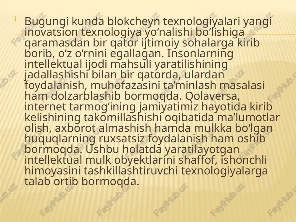 yoviy: uy, mashina ko‘rinishida yoki butunlay raqamlashtirilgan holda ham bo‘lishi mumkin. keyingi asosiy tushuncha – bu tranzaksiya hisoblanadi. aktivlarni bir shaxsdan ikkinchisiga o‘tkazish jarayoni tranzaksiya deb ataladi. masalan, a shaxs o‘ziga mulk huquqi asosida tegishli bo‘lgan ashyoni b shaxsga sovg‘a qilmoqchi yoki sotmoqchi bo‘ldi. a shaxs tomonidan ushbu jarayonning amalga oshirilishi tranzaksiya deb ataladi. tranzaksiyada fakat ashyoni berish emas balki unga bo‘lgan mutlaq mulk huquqini ham berilishi mumkin. navbatdagi tushuncha – bu tranzaksiyalarni hisobga olishdir. tranzaksiyalarni hisobga olish o‘z o‘rnida bir shaxsdan ikkinchi shaxsga o‘tgan barcha aktivlar yoki aktivlarga bo‘lgan mulk huquqlarini qayd etish hisoblanadi. masalan, a shaxs chet davlatda bo‘lgan b shaxs do‘stiga tegishli miqdordagi summani o‘tkazmoqchi bo‘ldi. bank emitentlari tizimi bilan bog‘liq muammolar, xakerlik atakalari, firibgarlik va boshqa bir qator vujudga kelishi mumkin bo‘lgan ko‘ngilsiz hodisalar o‘tkazmalarning o‘zgarishi yoki yo‘qolishiga sababchi bo‘lishi mumkinligi barchaga ayon holatdir. bu kabi operatsiaviy holatlardanning oldini olish mumkin emas, sababi barcha ma’lumotlar va …