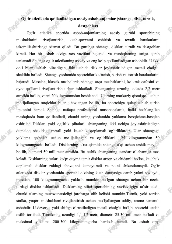 mumkin bo‘lgan shtanga uchun bir necha turdagi disklar ishlatiladi. disklarning sifati sportchining xavfsizligiga ta’sir etadi, chunki ularning muvozanatsizligi jarohatga olib kelishi mumkin.turnik, yoki tortish stulka, yuqori mushaklarni rivojlantirish uchun mo‘ljallangan oddiy, ammo samarali asbobdir. u devorga yoki shiftga o‘rnatiladigan metall cholg‘u bo‘lib, sportchi undan osilib tortiladi. turnikning uzunligi 1,1-1,2 metr, diametri 25-30 millimetr bo‘ladi va maksimal yuklama 200-300 kilogrammgacha bardosh beradi. bu asbob orqa mushaklari, qo‘l va yelkani mustahkamlashda muhim rol o‘ynaydi. og‘ir atletikada turnikdan issiqish mashqlari uchun foydalaniladi, chunki u sportchiga yuqoridan pastga tortish harakatini o‘rgatadi. turniklarning turlari ham mavjud: oddiy devor turnigi, ko‘chma turnik yoki multifunksional turniklar, ular tortish bilan birga bosish harakatlarini ham bajarishga imkon beradi. boshlang‘ich sportchilar uchun turnik ideal, chunki u qo‘shimcha og‘irliklarsiz ishlaydi va mushaklarni tabiiy ravishda rivojlantiradi.dastgohlar og‘ir atletikada murakkab mashqlarni bajarish uchun ishlatiladigan mexanik yoki gidravlik qurilmalar bo‘lib, ular turli mushak guruhlarini izolyatsiya qilishga xizmat qiladi. masalan, leg-press dastgohi oyoq mushaklarini, bench-press …