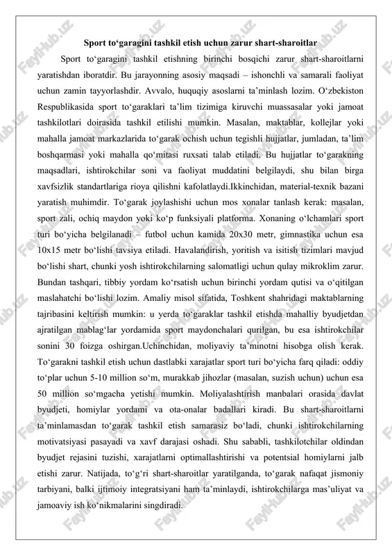 n.uchinchidan, moliyaviy ta’minotni hisobga olish kerak. to‘garakni tashkil etish uchun dastlabki xarajatlar sport turi bo‘yicha farq qiladi: oddiy to‘plar uchun 5-10 million so‘m, murakkab jihozlar (masalan, suzish uchun) uchun esa 50 million so‘mgacha yetishi mumkin. moliyalashtirish manbalari orasida davlat byudjeti, homiylar yordami va ota-onalar badallari kiradi. bu shart-sharoitlarni ta’minlamasdan to‘garak tashkil etish samarasiz bo‘ladi, chunki ishtirokchilarning motivatsiyasi pasayadi va xavf darajasi oshadi. shu sababli, tashkilotchilar oldindan byudjet rejasini tuzishi, xarajatlarni optimallashtirishi va potentsial homiylarni jalb etishi zarur. natijada, to‘g‘ri shart-sharoitlar yaratilganda, to‘garak nafaqat jismoniy tarbiyani, balki ijtimoiy integratsiyani ham ta’minlaydi, ishtirokchilarga mas’uliyat va jamoaviy ish ko‘nikmalarini singdiradi. to‘garak rahbarining vazifalari va mas’uliyati to‘garak rahbari sport jarayonining markaziy figurasidir va uning vazifalari faoliyatning samaradorligini belgilaydi. rahbarning asosiy vazifalaridan biri – pedagogik va sport metodikasini birlashtirishdir. u darslarni rejalashtirish, ishtirokchilarning individual darajasini hisobga olgan holda mashg‘ulotlarni o‘tkazish va natijalarni monitoring qilish bilan shug‘ullanadi. masalan, voleybol to‘garagida rahbar har bir mashg‘ulotda texnika, taktika …