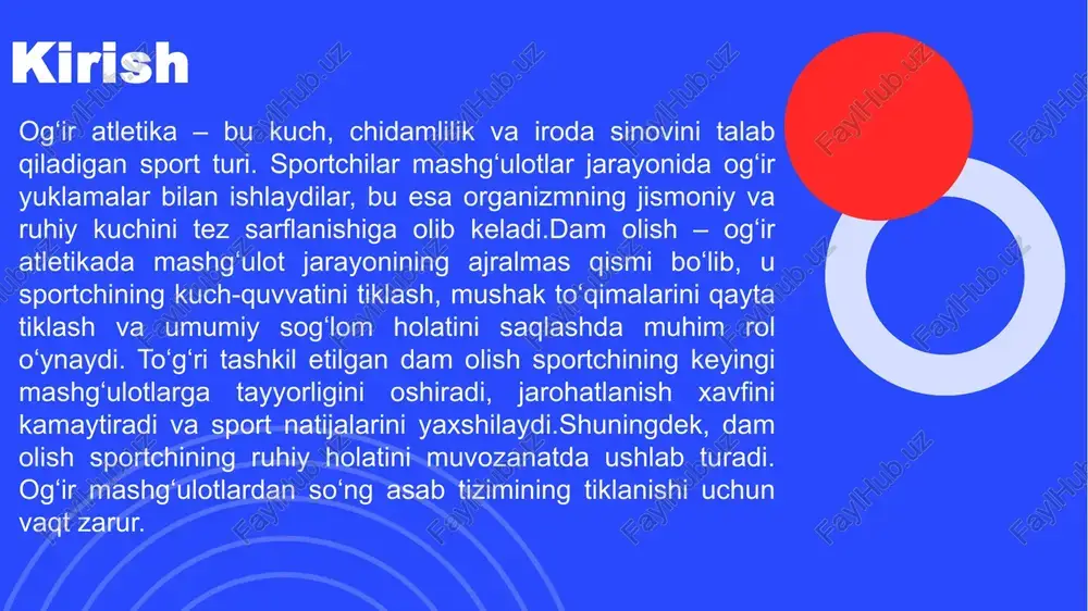 a dam olish jarayoni nafaqat jismoniy tiklanishning asosiy qismi, balki ularning uzoq muddatli muvaffaqiyatiga erishish uchun zaruriy shart hisoblanadi. to‘g‘ri tashkil etilgan dam olish sportchilarning mushaklarini qayta tiklashga, energiya zaxiralarini to‘ldirishga va psixologik barqarorlikni saqlashga yordam beradi. dam olishni rejalashtirishda individual yondashuv, ilmiy asoslangan usullar va doimiy monitoring muhim ahamiyat kasb etadi, chunki har bir sportchi o‘zining fiziologik xususiyatlariga va mashg‘ulot yuklamasiga qarab farqli tiklanishga muhtoj bo‘ladi. 10 mashg‘ulotdan keyingi dam olish rejimini belgilash mashg‘ulotdan keyingi dam olish rejimini belgilash sportchilarning tiklanish jarayonini optimallashtirishning birinchi bosqichi bo‘lib, bu yerda jismoniy va psixologik yuklamalarni bartaraf etishga qaratilgan ketma-ket harakatlar amalga oshiriladi. mashg‘ulot tugagandan so‘ng darhol tiklanish boshlanishi kerak, chunki mushaklardagi mikroshikastlanishlar va energiya sarfi tezda to‘ldirilmasa, bu keyingi mashg‘ulotlarda samaradorlikni pasaytirishi mumkin. rejimni belgilashda avvalo mashg‘ulotning intensivligi va davomiyligi hisobga olinadi: yuqori intensivlikdagi mashg‘ulotlar uchun tiklanish muddati 24-48 soatgacha cho‘zilishi mumkin, o‘rta darajadagi yuklamalar esa 12-24 soat ichida tiklanishni ta’minlaydi. 12 …