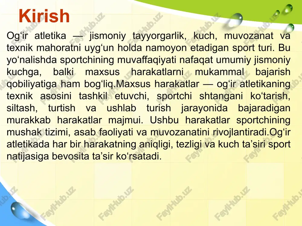 h mashqlari hamda og'ir atletlarda koordinatsiya va texnik harakatlarni takomillashtirish masalalari batafsil yoritiladi. bu usullar sportchining individual xususiyatlarini hisobga olgan holda qo'llanilishi lozim bo'lib, ularning samaradorligi doimiy monitoring va tuzatishlar orqali ta'minlanadi. maxsus harakatlarning sport natijalariga ta’siri sportda natijalarga erishish uchun maxsus harakatlar muhim o'rin tutadi. ular sportchining jismoniy qobiliyatlarini rivojlantirishda asosiy vosita bo'lib, mushak kuchini oshirishdan tortib, musobaqa paytida samarali harakat qilishgacha bo'lgan jarayonlarni qamrab oladi. maxsus harakatlar nafaqat umumiy jismoniy tayyorgarlikni ta'minlaydi, balki sport turi xususiyatlariga moslashtirilgan mashqlar orqali natijalarni sezilarli darajada yaxshilaydi. maxsus harakatlar orqali sportchining muskul kuchini oshirish mushak kuchini oshirish sportchining asosiy vazifalaridan biri bo'lib, maxsus harakatlar bu jarayonni tezlashtirishga yordam beradi. maxsus harakatlar sportchining mushaklarini maqsadli ravishda yuklaydi, bu esa nafaqat kuch-quvvatni, balki tezlik va chidamlilikni ham oshiradi. masalan, pliometrik mashqlar mushak tolalarining cho'zilish-qisqarish siklini faollashtirib, neyromushak koordinatsiyasini yaxshilaydi va harakatlarni avtomatiklashtiradi. bu mashqlar sportchiga musobaqa paytida tez va kuchli harakatlar qilish imkonini beradi.maxsus …