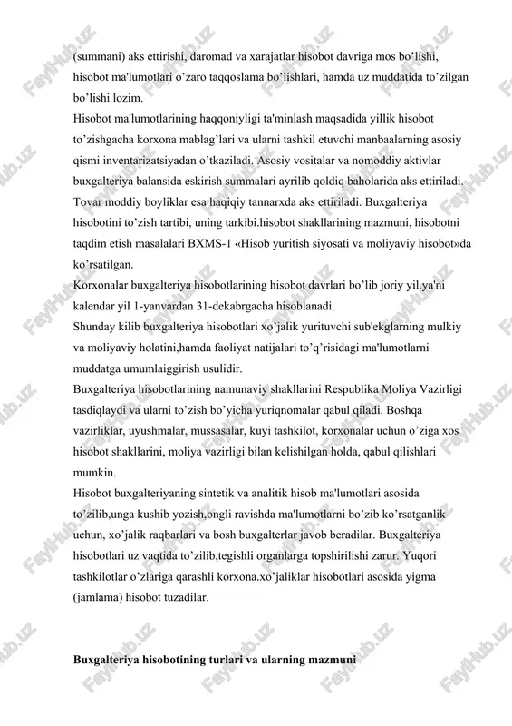 ashli korxona.xo’jaliklar hisobotlari asosida yigma (jamlama) hisobot tuzadilar. buxgalteriya hisobotining turlari va ularning mazmuni buxgalteriya hisobotlari qaysi davrda to’zilishiga qarab oyliq paklikva yillik hisobotlarga bo’linadi. oylik buxgalteriya hisobotlari buxgalteriya balansi va ma'lumotnomalardan iborat qiladi. buxgalteriya balansida hisobot oyi boshiga xo’jalik mablag’lari va ularning tashkil manbaalarini qoldiqlari aks etgiriladi. ma'lumotnomalarda esa xo’jalik faoliyatining asosiy ko’rsatkichlari qanday bajarilganliklari ko’rsatiladi. choraklik buxgalteriya hisobotining hajmi keng bo’lib, balansdan tashqari xo’jalik faoliyatyning turli ko’rsatkichlarini aks ettiruvchi bir necha jadvallardan iborat bo’ladi: № 1«buxgalteriya balansi», № 2 «moliyaviy natijalar to’q’risida hisobot”; № 2a «debitorlik va kreditorlik qarzlari to’q’risida ma'lumotnoma». korxonalar yillik buxgalteriya hisobotini kelasi yilning 1-yanvar holatiga to’zilib, yakunlovchi buxgalteriya balansi va xo’jalik faoliyatini har tomonlama harakterlab beruvchi ko’pgina jadvallardan iborat bo’ladi va yuqoridagi ko’rsatilga shakllardan tashqari. asosiy vositalar, fondlar harakati,qarzga olingan mablag’larning harakati.debitor va kreditor qarzlar.ijtimoiy ko’rsatkichlar va valyuta mablag’larining harakatiga doyr hamda yillik foydaning taqsimlanishini aks etiruvchi jadval (shakl) lar ham kiritiladi. o’zbekiston respublikasining …