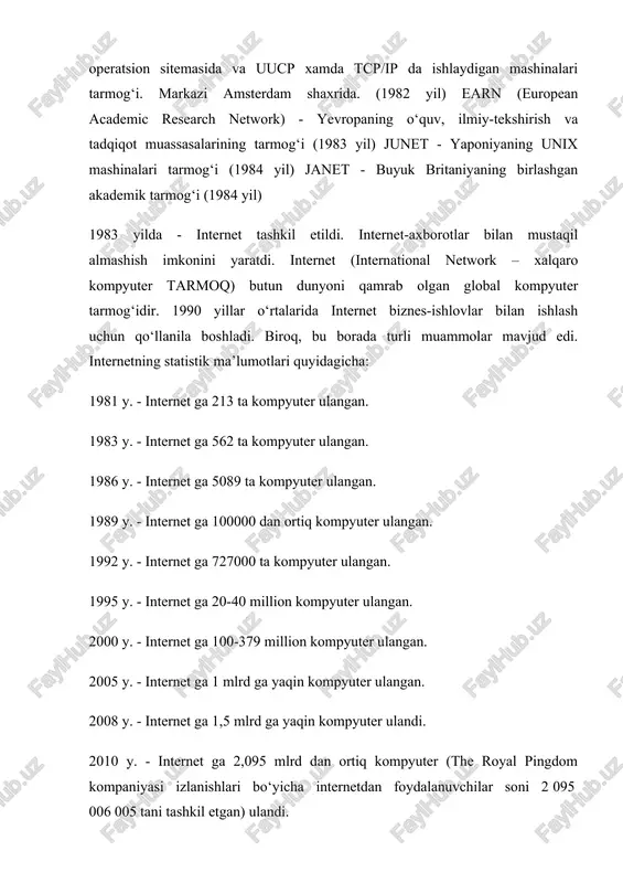ani amalga oshiruvchi yadroni tashkil qiladi. internet qachonlardir faqat tadqiqot va o‘quv guruhlarigagina xizmat qilgan bo‘lsa, hozirgi kunga kelib, u ishlab chiqarish doiralari orasida keng tarqalmoqda. kompaniyalarni internet tarmog‘ining tezkorligi, arzon, keng qamrovdagi aloqa, hamkorlik ishlaridagi qulaylik, hammaning ishlashi uchun imkon beruvchi dastur hamda ma’lumotlarning noyob bazasi ekanligi o‘ziga tortmoqda. arzon xizmat narxi evaziga foydalanuvchilar aqsh, kanada, avstraliya va boshqa ko‘pgina yevropa mamlakatlarining tijorat yoki notijorat axborot xizmatlariga yo‘l topadilar. ayniqsa, kundalik kommunikatsiyaga muxtoj shaxslar, tashkilot, muassasalar uchun ko‘pincha telefon orqali to‘g‘ridan to‘g‘ri aloqa nisbatan internet infrastrukturasidan foydalanish anchagina arzon tushadi. bu narsa, ayniqsa, chet ellarda filiallari mavjud bo‘lgan firmalar uchun qulaydir, chunki internet ning konfidensial noyob aloqalari butun dunyo bo‘yicha imkoniyatga ega. shu bilan birga yana bir narsani ta’kidlash lozimki internetga gipermatn tushunchasi kirib keldi. 1965 yil nelson gipermatn so‘zini qo‘lladi. van dam va boshqalar 1967 yilda gipermatn tahrirlovchisini tuzib chiqdi. nelson 1987 yil ma’lumotlarning gipermatn tahrirlovchisini tuzib chiqdi. …