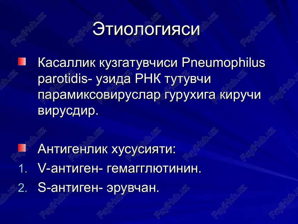 eningokokkli meningit. enterovirusli meningitlar. davosi simptomatik . t me'yoriga kelguncha (10 kun) yotok rejimi. suyuk ovkatlar berish. tuyib ovkatlanishni cheklash. shillik pardalar gigienasiga rioya kilish. ogrik koldiruvchi preparatlar. orxitlarda suspenzorium. xirurgik davoda urugdon ok pardasini kesib kuyish. gamma-globulin. gormonlar (ogir xollarda). degidratatsiya (siydik xaydovchi preparatlar). antibiotiklar (ogir xollarda). lyumbal punktsiya. profilaktikasi bemorni uy sharoiti yoki kasalxonada 9 kun izolyatsiya kilish, meningit belgilari kushilsa, butun utkir davrida. mulokotda bulganlar 21 kunga ajratiladi ( karantin). parotitli meningit yoki meningoentsefalit utkazganlar kasalxonadan chikgach 2 xaftagacha maktabga ruxsat etilmaydi. aktiv immunizatsiya uchun tirik vaktsina l-3 kullaniladi ( 0.5 ml teri ostiga yoki 0.1 ml teri orasiga). kukyutal kukyutal- yukori nafas yullari katarlari, biroz intoksikatsiya xamda spazmatik yutal xuruji bilan namoyon buluvchi tsiklik utkir infektsion kasallikdir. etiologiyasi kasallik kuzgatuvchisi brucellaceae oilasi, bordetella sinfiga mansub bulgan bord pertussis - spora xosil kilmaydigan, kapsulali, grammanfiy buyaluvchi ovoid shaklidagi mayda tayokchadir. rasm antigenlik xususiyati ● antigenlik xususiyati murakkab; …