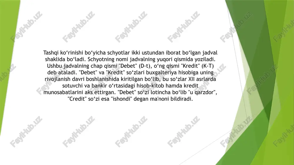 i xo‘jalik mablag‘lari va ularni manbalarini nafaqat qiymat, balki natura hamda mehnat o‘lchovi birliklarida yuritishga 9 mo‘ljallangandir. analitik schyotlar bo‘yicha buxgalteriya provodkalari amalga oshirilmaydi. korxona ba'zi xo‘jalik mablag‘lari hisobini yuritishda bir necha bahodan foydalanish zaruriyati tug‘iladi. shunday mablag‘lar va ular tashkil topish manbalari hisobini yurituvchi schyotlar tartibga soluvchi schyotlar deb ataladi. to‘ldiruvchi schyotlar tegishli mablag‘ va ular tashkil topish manbalari hisobini yuritishga mo‘ljallangan schyot ma'lumotlarini to‘ldirish uchun mo‘ljallangan. taqsimlovchi schyotlar. bu schyotlar korxonaning ba'zi bir xarajatlarini hisobga olish va ularni kalkulyatsiya obyektlari yoki hisobot davrlari o‘rtasida to‘g‘ri taqsimlash maqsadida qo‘llaniladi yig‘ib taqsimlovchi schyotlar. bu schyotlar ma'lum xo‘jalik jarayonidagi xarajatlarni bir oy davomida hisobga olish, bu xarajatlarni iqtsiodiy mazmuniga qarab, guruxlashtirish va ularni kalkulyatsiya obyektlari o‘rtasida oldindan qabul qilingan biror bazisga nisbatan mutanosib ravishda taqsimlash uchun xizmat qiladi. kalkulyatsiya schyotlari korxona faoliyatida mahsulotlar, sotilgan tovarlar, bajarilgan ish va ko‘rsatilgan xizmatlar tannarxini aniqlash uchun xarajatlar hisobini yuritishga mo‘ljallangan. taqqoslovchi schyotlar ayni bir …
