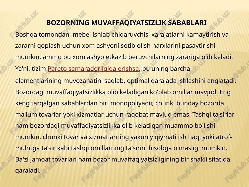 vujudga keluvchi iqtisodiy munosabatlarning tizimidir. zamonaviy bozor xo‘jaligi ishlab chiqarish va xo‘jalik yuritishning ijtimoiy shakllarining rivojlanishi tadriji (evolyutsiyasi) asosida butun jamiyatning va alohida olingan har bir individning talab va ehtiyojlarini qondirishga yo‘naltirilgan ijtimoiylashtirilgan tovar ishlab chiqarishning faoliyat yuritishi bo‘lgan zamonaviy bozor tizimining vujudga kelishiga olib keldi. bozor xo‘jaligi – iqtisodiyotni tashkil qilishning tovar ishlab chiqarishga asoslangan, ishlab chiqarish va iste’mol o‘rtasidagi o‘zaro harakatini bozor vositasida ta’minlovchi ijtimoiy shaklidir. bozor – tovar va pul muomalalarining o‘zaro qat’iy harakatlari asosida vujudga keluvchi iqtisodiy munosabatlarning tizimidir. bozor xo‘jaligining subyekt-obyekt tuzilmasi, bu - bozor subyektlari o‘rtasidagi munosabatlar tizimi bo‘lib, ularning maqsadlarini, turli tomonlarga yo‘naltirilib, yo‘l-yo‘lakay muqobil kelishiluvchi iqtisodiy manfaatlarini, bozor aloqalarining turli-tuman obyektlari harakatlanishining holati hamda tashkil qilish shakllari va o‘zaro bog‘liq harakatlarini aks ettiradi bozor xo‘jaligini subyekti. 1uy-xo‘jaligi – bu bir yoki bir necha kishilik tarkibidagi iqtisodiy birlikdir. u: - inson kapitalining ishlab chiqarilishi va qayta ishlab chiqarilishini ta’minlaydi; o‘zi mustaqil qaror qabul …