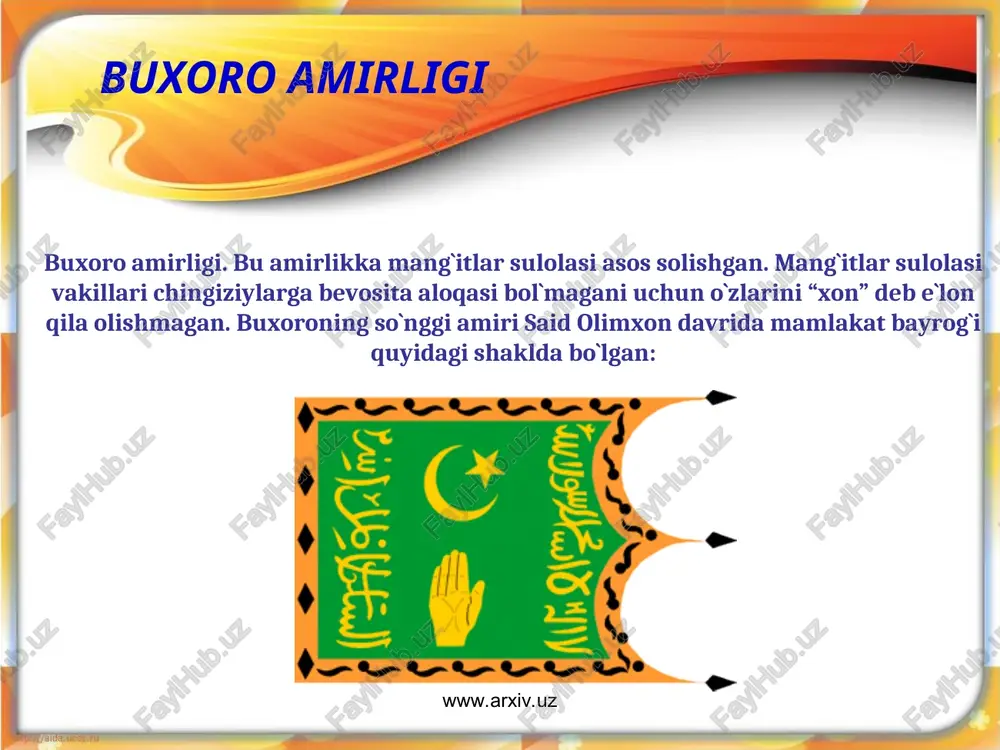 iy va daqiqiy singari mashhur shoirlar, olim ibn sino va boshqalar buxoroning taraqqiy etishida muhim rol o`ynagan. buxoro www.arxiv.uz www.arxiv.uz hukmronligining birinchi oyida u har kuni 50-60 tadan kishini qatl qildi. nasrullo shu paytgacha amirlik tarkibiga faqat nomigagina kirgan viloyatlarni birlashtirishga erishdi. viloyatlarni boshqarishga o'ziga mute' bo'lgan "nasl-nasabsiz" kishilarni tayinladi. nasrullo amirligi chog'ida xiva va qo'qon xonliklari bilan marv, chorjo'y, o'ratepa, xo'jand kabi chegarada joylashgan alohida hududlar uchun bo'lgan tinimsiz urushlar davom etib turdi. shahrisabz va kitob hukmdorlarining qarshiligi, ayniqsa kuchli bo'ldi. bir necha harbiy yurishlardan so'ng 1853 yilga kelib ular buxoroga bo'ysindirildi. amirlik tarkibiga faqat zarafshon daryosining o'rta va quyi oqimidagi vohagina barqaror kirgan edi. www.arxiv.uz www.arxiv.uz • ark(11-20asrlar) • bola hovuz(18asr.boshlari-20asr) • somoniy maqbarasi(9-10asrlar) • chashmai ayub qabristoni(1380 yoki 1384/85) • abdullaxon madrasasi(1596/98) • modarixon madrasasi(1556/57) • baland masjidi(16asr boshlari) • gaukushon ansambli(masjid,minora,madrasa),(16asr) • zayniddin xoja xonaqohi(1555) • poi kalon ansambli(12-14asr) • labi hovuz ansambli(16-17asr) • ko`kaldosh madrasasi(1568/69) …