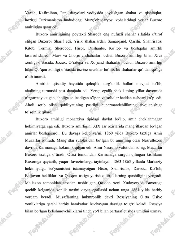 laydi. 1863-1865 yillarda markaziy hokimiyatga bo‘ysunishni istamayotgan hisor, shahrisabz, darboz, ko‘lob, baljuvon bekliklari va qo‘qon ustiga yurish qilib, ularning qarshiligini yengadi. mallaxon tomonidan taxtdan tushirilgan qo‘qon xoni xudoyorxon buxoroga qochib kelganida xonlik taxtini qayta egallashi uchun unga 1861 yilda harbiy yordam beradi. muzaffarning hukmronlik davri rossiyaning o‘rta osiyo xonliklariga qarshi harbiy harakatlari kuchaygan davriga to‘g‘ri keladi. rossiya bilan bo‘lgan kelishmovchiliklarni tinch yo‘l bilan bartaraf etishda umidini uzmay, u najmiddinxo‘ja boshliq elchilarni 1865-yil iyulida peterburgga jo‘natadi. biroq, ko‘zlangan maqsadga erishilmay, ikki o‘rtada harbiy harakatlar boshlandi. amir muzaffar qo‘shini bilan general romanovskiy boshchiligidagi rossiya harbiy kuchlari o‘rtasidagi dastlabki to‘qnashuv 1866-yil 8-mayda jizzax bilan o’ratepa o‘rtasidagi erjar (maydayulg‘un)da bo‘lib, unda buxoro qo‘shini mag‘lubiyatga uchragan. amir muzaffar muftiy muhammad porso boshchiligidagi elchilarni afg‘oniston va hindiston orqali yordam so‘rab, istanbulga yuborsa ham rad javobini olgan. 1868-yil 2-3-iyunda zirabuloq jangida mag‘lubiyatga uchragach, 1868-yil 23-iyunda samarqandda imzolangan rossiya-buxoro sulh shartnomasiga ko‘ra, buxoro amirligi rossiyaga tobe bo‘lib qolgan. …