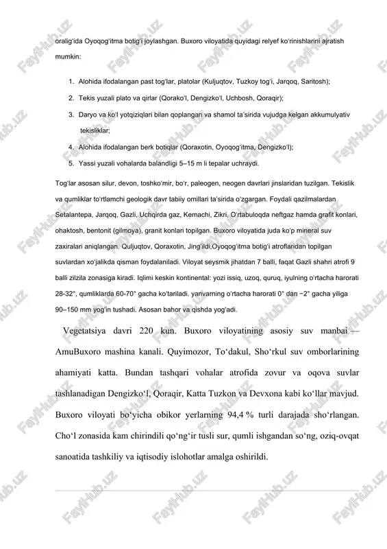 jamiyati qoshida yunoniston bilan hamkorlikda „omega-sitora“ qo‘shma korxonasi ishga tushirildi. mahalliy sanoat korxonalaridan buxoro „zardo‘z“ aksiyadorlik jamiyati, g‘ijduvon kulolchilik sexi, g‘ijduvon va shofirkondagi gilam to‘qish fabrikalari, kogon paxta titish fabrikasi, romitan to‘qimachilik fabrikasi, tikuvchilik, badiiy kashtachilik, misgarlik, zargarlik, kosibchilik va 20 dan ortiq g‘isht zavodlari ishlab turibdi. paxta tayyorlash punktlari, quritish, tozalash sexlari, paxta tozalash zavodlari bor. paxta tolasi yangi uskuna va texnologiyalar asosida jahon andozalariga muvofiq ishlab chiqarilmoqda. buxoro uysozlik kombinati, kogon ohak zavodi, quyimozor va kogon yig‘ma temirbeton buyumlari zavodlari, italiya bilan hamkorlikda qurilgan koshinlar ishlab chiqariladigan „minokor“ zavodi, buxoro temirbeton zavodi bor. gazavtomatika ishlab chiqarish birlashmasida qurilish materiallari ishlab chiqariladi.qishloq xo‘jaligi. buxoro viloyati iqtisodiyotining asosini qishloq xo‘jaligi (paxtachilik, g‘allachilik, mevachilik, polizchilik, sabzavotchilik, bog‘dorchilik, chorvachilik) tashkil etadi. viloyat dehqonchiligida sug‘oriladigan yerlar (tomorqa yerlar bilan birga) 273,7 ming ga, partov yerlar 14,2 ming ga, cho‘l yaylovlari 2764, 6 ming ga, paxta 129 ming ga, makkajo‘xori 857 ga, donli ekinlar …