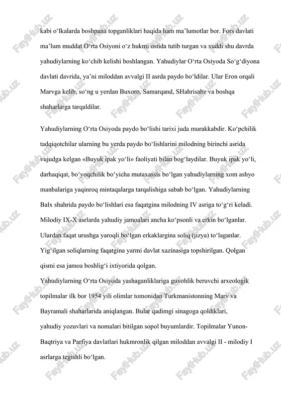 ‘ldi. ular iroq yahudiy markazidan uzoqda, o‘rta osiyo hududlarida yahudiylikka oid qarashlarini rivojlantirdilar va tora qonunlariga moslashtirdilar. o‘zlarini aslzoda deb hisoblagan bobil yahudiylari o‘rta osiyo yahudiylarini kashrut qoidasi (ruxsat etilgan ovqatlarnigina yeyish)ni buzish, yerli aholi bilan aralashib ketish va yahudiy dinini bid’atlar bilan buzishda ayblay boshladilar. albatta, bu ayblovlar asossiz emas edi. ix-x asrlarda o‘rta osiyoda karaimlar deb ataladigan yahudiy sektasi paydo bo‘ladi. bu sekta tarafdorlari faqat torani tan olar, talmudni esa inkor qilar edilar. x asr o‘rta osiyo karaimlarining ko‘zga ko‘ringan rahnamolaridan biri g‘aznalik menexem talmud tarafdorlariga qarshi o‘z fikrlarini isbotlash uchun iskandariyaga safar qilgan. karaimlar sektasi namoyandalaridan yana biri xivi al-balxiy ko‘plab asarlar yozib, ularda talmudni tanqid qilgan va uning ishonchliligiga shubha bilan qaragan. xiii asr boshiga kelib, chingizxon qo‘shinlari movarounnahr shaharlarini birma-bir qo‘lga kiritgach, yerli aholini shafqatsiz ravishda qirg‘in qildilar. qadimgi yahudiy jamoalari ham inqirozga uchradi. saqlanib qolgan kam sonli yahudiylar buxoro va uning atroflarida yashaganlar. xiii …