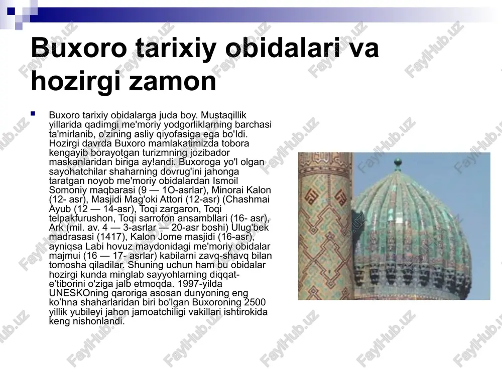 y markazi” majmui bu yerda amalga oshirilayotgan bunyodkorlik ishlarida alohida o‘rin tutadi. 107 gektardan iborat mazkur majmuada yirik inshootlar – 700 o‘rinli viloyat musiqali drama teatri, ikki ming tomoshabinga mo‘ljallangan amfiteatr, “ko‘hna va boqiy buxoro” monumenti qad rostladi. mazkur ob’ektlar buxoroning o‘ziga xos me’morchilik an’analari va zamonaviy arxitektura andozalari uyg‘unligida barpo etildi. qutlug‘ buxoro zamini qutlug‘ buxoro zaminidan abu ali ibn sino, narshaxiy, imom buxoriy, abdulxoliq g‘ijduvoniy, bahouddin naqshband, xo‘ja orif revgariy kabi buyuk mutafakkirlar, ko‘plab adabiyot va san’at namoyandalari yetishib chiqqan. ularning nomlari obidada zarhal harflar bilan naqshlangan. bu yerda ilm o‘rganish har bir musulmon erkak va ayol uchun farz ekanini, dil allohda, qo‘l mehnatda bo‘lishi lozimligi o‘zbek, arab va ingliz tillarida zikr etilgan. – tarixdan ma’lumki, qadimda buxorodan oltin konlari topilgan. bugungi kunda ham buxoro tillasi asl tilla hisoblanadi, – dedi islom karimov. – lekin buxoroni sharif shaharga aylantirgan uning fidoyi, mehnatkash odamlaridir. prezidentimiz teatrning yangi binosini ko‘zdan …
