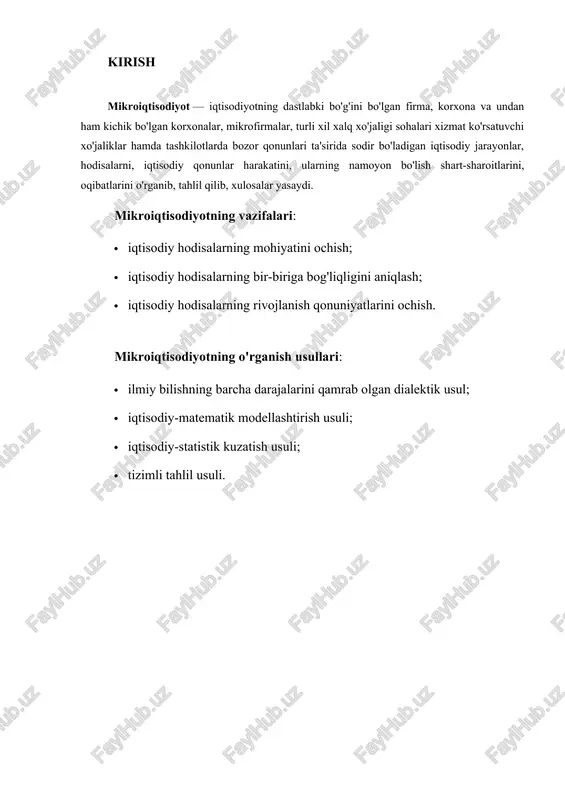 ste’molchilarning tovar sotib olishi, ishlab chiqaruvchilarning esa uni ishlab chiqarishi, sotishi va shu kabi boshqa jarayonlarni o‘rganish hisoblanadi. mikroiqtisodiyot fanining vazifalari quyidagilardan iborat: · hozirgi davrdagi bozor iqtisodiyoti mexanizmi · resurslardan samarali foydalanish yo‘llarini · bozor iqtisodiyoti sharoitida firmalar, korxonalar va uy xo‘jaliklarining tutgan o‘rni · raqobatlashuv va korxonalar samaradorligi · ishlab chiqarish va uni tashkil etish kabilarni o‘rganish va ularni tahlil qilish. mikroiqtisodiyot fani barcha ijtimoiy-iqtisodiy fanlar bilan uzviy bog‘liqdir. masalan, iqtisodiyot nazariyasi, kichik biznes va tadbirkorlik, tarmoqlar iqtisodiyoti, buxgalteriya hisobi, iqtisodiy tahlil, moliya va kredit, marketing va menejment, matematika, bank ishi va boshqalar. mikroiqtisodiyot fani alohida shaxslar, uy xo‘jaliklari, korxona, davlat va boshqa ijtimoiy tashkilotlarning iqtisodiy harakatlarini o‘rganadi va quyidagi usul (metod)lardan, ya’ni tahlil va sintez, monografik usul, iqtisodiy statistika usuli, hisoblash konstruktiv, tajribaviy usul, abstrakt mushohada usuli, matematik modellashtirish, induksiya va deduksiya usuli, optimallashtirish va muvozanatni aniqlash usullaridan foydalanadi. 3. tanlash muammosi. alternativ xarajatlar iqtisodiy resurslarni cheklanganligi …