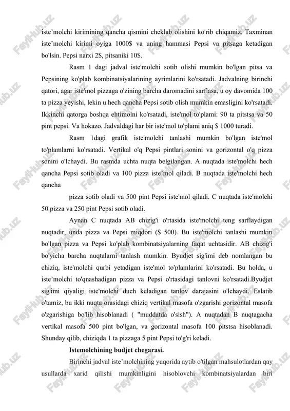 eladigan tanlov darajasini o'lchaydi. eslatib o'tamiz, bu ikki nuqta orasidagi chiziq vertikal masofa o'zgarishi gorizontal masofa o'zgarishiga bo'lib hisoblanadi ( "muddatda o'sish"). a nuqtadan b nuqtagacha vertikal masofa 500 pint bo'lgan, va gorizontal masofa 100 pitstsa hisoblanadi. shunday qilib, chiziqda 1 ta pizzaga 5 pint pepsi to'g'ri keladi. istemolchining budjet chegarasi. birinchi jadval iste’molchining yuqorida aytib o'tilgan mahsulotlardan qay usullarda xarid qilishi mumkinligini hisoblovchi kombinatsiyalardan biri ko'rsatilgan. birinchi jadval shuni ko'rsatadiki, agar iste’molchi hamma pulini pitsaga sarflasa u 100 ta pitsa xarid qilishi va birorta ham pepsi ololmasligi mumkin. ikkinchi qatorda boshqacha variant: 90 ta pitsa va 50 dona pepsi, va hokazo. har bir chiqim summasi 1000$ni tashkil etadi.birinchi jadvaldagi grafik iste’molchi tanlashi mumkin bo'lgan “to'plam”larga misol bo'ladi. vertical chiziq pepsining miqdorini o'lchasa, gorizontali esa pitsaning donasini ifodalamoqda. grafikda uchta nuqta keltirilgan. a nuqtada, iste’molchi faqat 100 ta pitsa oladi, ammo pepsi olmaydi, b nuqtada u pitsa xarid qilmaydi, lekin, …