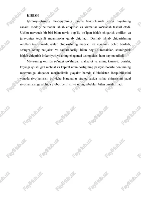 insonning mehnatga bo‘lgan aqliy va jismoniy qobiliyati, uning bilim, malaka darajasi bilan birgalikda ishlab chiqarishga qatnashishiga tayyor turgan omil bo‘lib xizmat qiladi, mehnat esa ishchi kuchining ishlab chiqarish vositalari bilan qo‘shilishi natijasida sodir bo‘ladigan va ma’lum samara olishga qaratilgan faoliyatdir. shuning uchun biz mehnat degan tushunchani emas, balki ishchi kuchi degan tushunchani ishlab chiqarishning omili deb bilamiz va ishlab chiqarish omillari ishchi kuchi, kapital, yer-suv va tadbirkorlik qobiliyatidan iborat deb ta’kidlaymiz (1-rasm). 2.1- 2.2- 1-rasm. ishlab chiqarish omillarining turkumlanishi ishchi kuchi insonning mehnatga bcflgan aqliy va jismoniy qobiliyatlarining yig‘indisi bolganligi uchun bozor iqtisodiyoti davrida inson emas, mehnat jarayoni ham emas, balki ishchi kuchi tovar sifatida sotiladi, uning boshqa tovarlar kabi qiymati va nafliligi mavjuddir va binobarin, uning bozori bo‘ladi. shuning uchun hozirgi kunda keng qo‘llanilayotgan mehnat bozori tushunchasi o‘miga ishchi kuchi bozori, mehnat resurslari o‘miga ishchi kuchi resurslari deyilsa to‘g‘ri va tushunarli bo‘lar edi. kapital tushunchasi ham turli adabiyotlarda turlicha …