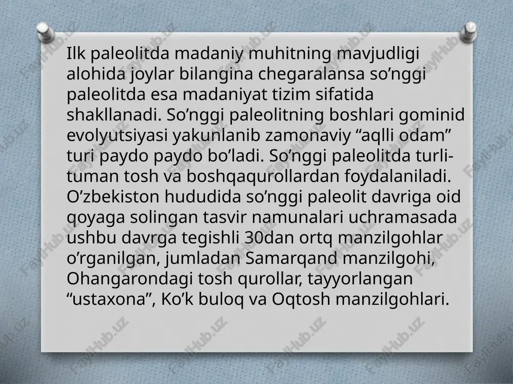 tig‘ yoki chopqi shaklidagi ikkita ish qirra hosil qilingan. qurolning ish qirrasi ikki taraflama retushlash yordamida ajratilgan va bu qisman ishlatilish oqibatida hosil bo‘lgan. obiraxmat g‘ori tadqiqotlari . makon toshkent shahridan 100 km sharqroqda joylashgan bo‘lib, 1962 yilda ya.g‘. g‘ulomov boshchiligidagi ekspeditsiya tomonidan tiyonshonning janubiy-g‘arbiy etaklaridagi burchmullo qishlog‘i yaqinida chorvoq suv ombori qurilishidagi qidiruv ishlari vaqtida topilgan (rasm. 9). obiraxmat g‘ori yirik yumaloq g‘ovak bo‘lib, og‘zi janubga qaragan: eni kirish qismida 20 m, chuqurligi – 9 m, tomining eng baland joyi 11,8 m. g‘orning ichidagi g‘ovak qatlamlarning qalinligi 10 m va ular 22 ta litologik qatlamlarga ajratilgan. g‘orning butun ichki maydoni bo‘ylab qalin qatlamlarning mavjudligi va ularda paleolit davri madaniy qoldiqlarining borligi bir necha o‘n minglab yillar mobaynida hududda yashagan ibtidoiy odamlar moddiy madaniyati evolyutsiyasini kuzatish imkonini beradi. yodgorlik dastavval x.k. nasritdinov tomonidan, m.m. gerasimov hamda a.r. muhamadjonovlar rahbarligida o‘rganilgan (1963 y.), va tadqiqotlar r.h. sulaymonov (1964- 1965 yy.) tomonidan …