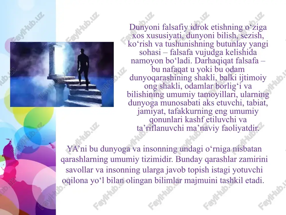 va g‘arb falsafasi vujudga kelishi va rivojlanishining umumiy qonuniyatlari. qadimgi sharq va g‘arbda shakllangan falsafa insoniyatning ilm, fan, ma'naviy taraqqiyotining debochasi hisoblanadi. ularning rivojlanishi, o‘ziga xosligi va betakrorligidan qat'iy nazar, ayrim umumiy qonuniyatlarga ega. sharqda ham, g‘arbda ham ijtimoiy ongning dastlabki shakli sifatidagi mifologiya negizida vujudga kelgan. mifologiya inson o‘zini atrof muhitdan ajratishga va hodisalarni tabiiy sabablarga muvofiq tushuntirishga qodir emasligi bilan tavsiflanadi. hindistonda falsafaning vujudga kelishi taxminan uning hududida quldorlik davlatlari shakllana boshlagan miloddan avvalgi i ming yillikda yuz bergan. yunonistonda antik falsafa miloddan avvalgi vii-vi asrlar chegarasida shahar-davlatlar («polislar»)da avval kichik osiyoning g‘arbiy qirg‘og‘ida (ioniyada), so‘ngra – sitsiliya orolining yunonlar yashaydigan shaharlarida va nihoyat, yunonistonda – afinada (miloddan avvalgi v asr) paydo bo‘lgan. xitoyda falsafa jamiyatning sinfiy tabaqalanish jarayoni boshlangan, chunonchi: jamoalar kasodga uchrab, yangi yer mulkdorlari va shahar boylarining iqtisodiy va siyosiy qudrati osha boshlagan miloddan avvalgi vi-v asrlarda vujudga kelgan. qadimgi markaziy osiyoda falsafaning vujudga kelishi …