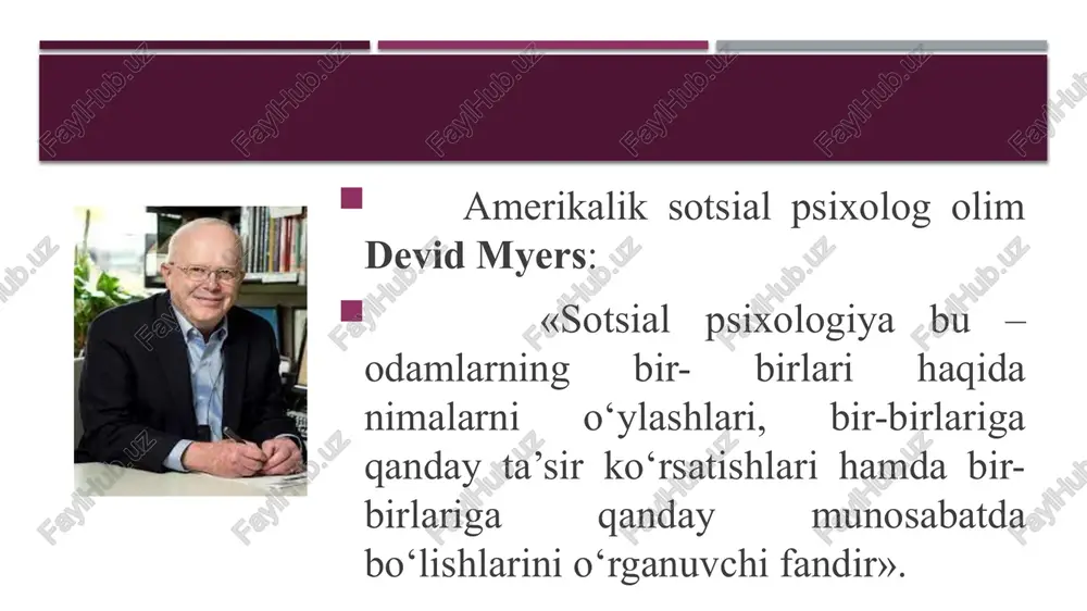 t - oila, oilaviy rollar, xulq-atvor normalari, etika haqidagi tasavvurlar; madaniyat va madaniy qadriyatlar; nihoyat, shaxsning o`z "meni" haqidagi obrazlar tizimi. sotsiologiya ijtimoiy, guruhiy va induvidial qadriyatlar va normalarning tabiati hamda xarakterini o’rganadi. ijtimoy psixologiya ular shakllanishining aniq xususiyatlari hamda u yashaydigan makro va mikro muhitning ta’sri hisobga oladi. sotsial psixologiyaning boshqa fanlar bilan aloqasi pedagogika qo’lga kiritilgan tajribadan foydalanar ekan, ijtimoy psixologiya shaxs va jamoaga tarbiyaviy ta’sir ko’rsatish samaradorligini oshirish, ta’lim tarbiya jarayonlarini takomillashtirish yo’llarini ochib beradi. ijtimoy psixologiya pedagoglarni jamoalar, ularda shaxslararo munosabatlarni psixologik tahlil qilishning ilmiy usullari bilan qurollantiradi. ilmiy manbalar sotsial psixologiyaning davlat va huquq nazariyasi, siyosiy iqtisod, etika, falsafa fanlarining rivojlanishi bilan uzviy bogligini ko`rsatadi. g.olport ijtimoiy psixologik goyalarning yaratilishi va rivojlanishi falsafa bilan, xususan platon nomi bilan boglik deb yezgan edi. platon o`zining "davlat" va "qonunlar" dialoglarida jamiyat individga nisbatan o`zgarmas, uning taraqqiyoti jamiyat rivojlanishi qonunlarga buysunadi, degan fikrni himoya qilgan. o‘zbekistan respublikasi oliy …