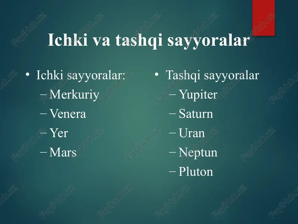 aturnga taxminan 30 yil kerak bo'ladi. uran uran atmosferasidagi metan gazi tufayli ko'k rangga ega. uranning atrofida 11 ta qorong'u halqalar mavjud. uranning 21 ta yoʻldoshi maʼlum boʻlib, bitta orbitani aylanish uchun 84 yil kerak boʻladi. neptun neptun quyosh tizimidagi eng tez shamollarga ega: 2000 km/soatgacha. neptun ham atmosferasidagi metan gazi tufayli ko'k rangga ega. neptun quyosh atrofida 165 yil davomida aylanadi va 8 ta yo'ldoshga ega. image2.jpeg image3.png image4.jpeg image5.png image6.png image7.jpeg image8.jpeg image9.jpeg image10.png image11.png image12.png image13.png image14.png image15.png