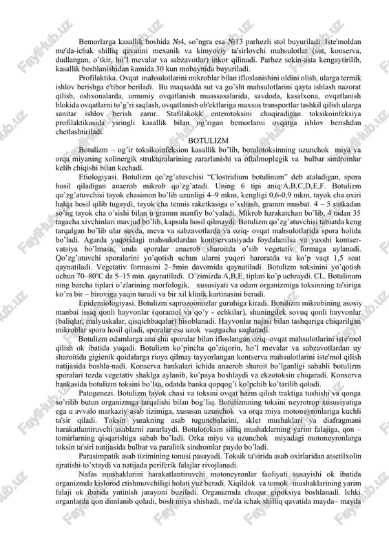 erativ o’zgarishlar ro’y beradi. klinikasi. bu kasallikning yashirin davri ancha qisqa bo’lib, 30 minutdan 12 soatgacha, juda cho’zilsa 24 soatgacha boradi. bemor to’satdan ko’ngli aynib qayt qiladi. ko’pincha qusish ketma-ket qaytarilib bemorni holdan toydiradi. qusishdan keyin ich ketish boshlanadi. u bir necha kunduzda o’rtacha 10-15 marta hojatga boradi, ichi suyuq bo’lib keladi, najasida yalqi va qon bo’lmaydi. stafilokokk toksikoinfeksiyasida ich ketmasligi mumkin. stafilakokklarning enterotoksin chiqaradigan shtammlari qo’zg’atadigan toksikoinfeksiyada ich ketish ya'ni diareya tezda to’xtaydi, ammo gastrit davom etadi. bemorning qorni qattiq og’riydi u ketma-ket qayt qiladi. bosh aylanadi, og’riydi o’zi ancha bo’shashib qoladi, karaxt bo’lib yotadi, goho hushidan ketadi. harorat ko’tarilmaydi ba'zan subfebril bo’lishi mumkin. bemorning rangi ko’karib oyok qo’llari muzlaydi. qornini paypaslab ko’rilganda me'da sohasi og’riydi. puls tez, sust uradi va qon bosimi pasaygan bo’ladi. kamdan – kam hollarda kollaps boshlanishi mumkin. jigar va talok kattalashmaydi. cl perfringens qo’zg’atgan toksikoinfeksiyada ba'zan bu kasallikka xos belgilardan tashqari nekrotik enterit va …