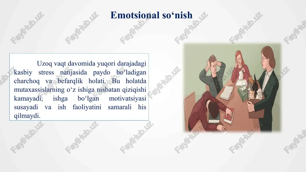 atga ega bo‘lishi mumkin. shuning uchun mutaxassislarning zimmasiga katta mas’uliyat tushadi, bu esa o‘z navbatida stress darajasini oshiradi. ijtimoiy yakkalanish. ba’zan mutaxassislar ish davomida yolg‘iz qolishadi, jamoaviy qo‘llab-quvvatlash yetishmasligi yoki noto‘g‘ri tashkil etilgan ish muhiti ularni ijtimoiy jihatdan ajratib qo‘yadi. bu emotsional so‘nish xavfini oshiradi. kasbiy o‘sish va tan olinmaslik masalalari. professional o‘sish imkoniyatlarining cheklanganligi yoki ishdagi yutuqlarni yetarli darajada qadrlanmasligi ham motivatsiyani pasaytiradi va charchoqni kuchaytiradi. 01 02 03 04 jismoniy belgilar: bosh og‘rig‘i, uyqusizlik yoki ortiqcha uyqu, charchoq, oshqozon buzilishlari, mushaklar zo‘riqishi. emotsional belgilar: bezovtalik, asabiylashish, kayfiyatning tez-tez o‘zgarishi, asossiz g‘azab, tushkunlik. aqliy belgilar: diqqatni jamlashda qiyinchilik, xotira zaiflashuvi, qaror qabul qilishda qiyinchilik. kasbiy stress belgilarі xulq-atvor belgilar: ishga qiziqishning kamayishi, ishdan qochish, jamoada muloqotning pasayishi. emotsional so‘nish belgilarі emotsional charchoq: o‘zini doimiy ruhiy va jismoniy jihatdan toliqqan his qilish. depersonalizatsiya: ishga, hamkasblarga yoki bolalarga nisbatan sovuqqonlik, masofalanish, hatto befarqlik. samaradorlikning pasayishi: o‘z ishini qoniqarli bajara olmaslik, faoliyatini …