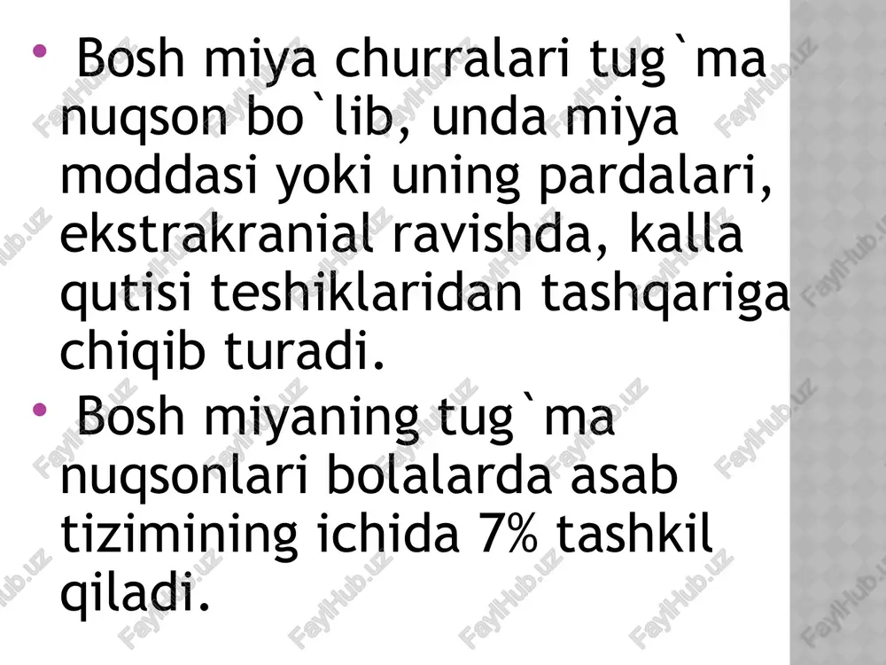 omorfologik (gistologik, immunnogistoximik) paraklinik tekshiruv kraniografik kompyuter tomografiyasi mrt neyrosonografiya elektroensefalografiya angiografiya (ko`rsatma bo`yicha) kt-sisternografiya kt-gerniografiya asos churralari sekin o`sadi, shu sababli ular shifokorga 10-15 yoshlarda murojat qiladi va tashhisi kech qo`yiladi. hamma oldingi churralarida o`ziga xos simptomlari bo`ladi: 1-burun qirrasini kengligi 2- 4,5sm, 2- ko`z kosasini bir-biridan uzoq joylashuvi. bosh miya tug`ma churralarini kraniogrammadagi o`zgarishlari: kalla qutisini asimmetriyasi bosh miyaning gipoplaziyasi va gemiatrofiyasi bo`lganida kalla suyagini o`zgarishi; peshona suyagini mahalliy ingichkalashib qolishi va mikrotefaliya; kalla qutisini xar hil deformatsiyasi. bosh miya tug`ma churralarida operatsiyaga ko`rsatma: shoshilinch ravishda: churra qopini qattiq taranglashishi va uning yorilishi churra qopidan likvoreya bo`lganida va meningoentsefalitni oldini olish. kt (frontal ko`rinishi) bosh miyaning bazal churrasi (burun ichidagi) bosh miyaning sagital churrasi bosh miyaning orqa churrasi tug`ma orqa miya churrasi bilan qo`shilib kelishi kt-mielo-sisternografiyasi. bosh miya orqa churrasi va orqa miyaning bo`yin sohasidagi tug`ma churrasi bilan qo`shilib kelishi 3d-kt rekonstruktiyasi mielotsisternografiyasi.bosh miya orqa churrasi va orqa …