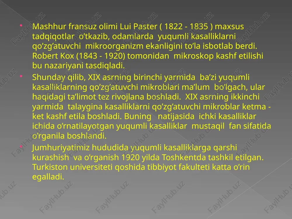 ijdan keltirilgan yuqumli kasalliklar. masalan, sharq mamlakatlarida bo’lib qaytgan. uzbekistonlik kishining bezgak bilan kasallanishi . hal qiluvchi belgilar aynan bir xil infeksion kasallikka xarakterli. (masalan qizamiqda filatov – koplik- belskiy dog’i, meningokoksemiyada gemorragik “yulduzchali” toshma nekroz elementlari bilan) tayanch belgilar aynan bir kasallik uchun tipik bo’lib, ammo boshqa kasalliklarda ham uchratish mumkin (virusli gepatitdagi sariqlik, meningitdagi meningial belgilar). yo’naltiruvchi belgilar bir qator infeksion kasalliklarda uchraydi (isitma, bosh og’rig’i, qaltirash va boshqalar). bu kasalliklar fekal-oral yo’l bilan yuqadi va tarqaladi. bemor ichagidagi patogen mikroblari, uning najasi orqali tashqariga chiqariladi. bemor ichagidagi va har xil yo’llar bilan sog’lom odamning og’zi orqali ichagiga tushadi (fekal-oral yo’li orqali yuqishning mohiyati shundan iborat). bu kasallikning qo’zg’atuvchi mikroblari va viruslari bemorning nafas yo’llari shilliq pardalarida joylashgan bo’lib, yo’talgandan keyin, aksirganda, gapirganda tupik zarrachalari bilan tashqariga chiqariladi va havo orqali sog’lom odamlarga yuqadi bu kasalliklar o’z navbatida 4 guruhchaga bo’linadi: 1. bu guruhchaga kiradigan kasalliklarning quzg’atuvchilari kirgan …