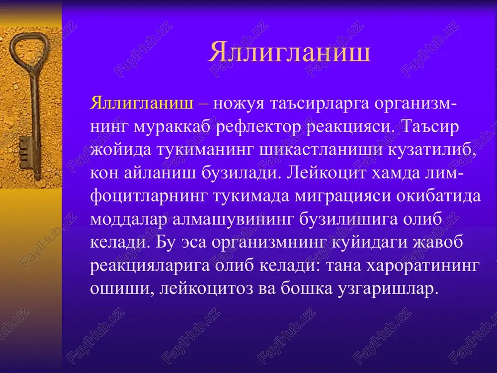 inlashga karatilgan bulishi kerak. konservativ davo kompleks tarzda bulishi shart: antibakterial terapiya (antibiotiklar mikrob sezuchanligini inobatga olib, sulfanilamidlar); gipotermiya (kin va korin pastiga muz kuyish); desensibilizirlovchi preparatlar dezinoksikatsion terapiya (infuzion) vitaminoterapiya immunomodulyatorlar suriluvchi terapiya (biostimulyatorlar, fermentlar) fizioterapiya. virusli infektsiyalar keyingi vaktlarda keng tarkalgan. gerpes oddiy gerpes 2 turga bulinadi. ogv1 – teri, lab shillik kavati, burun va kuz shillik kavatlarini zararlaydi. ogv2 – jinsiy a'zolarni zarar-laydi. genital gerpes jinsiy yul orkali yukadi. erkaklarda siydik-tanosil trakti, ayollarda esa bachadon buyni kanali zararlanadi. simptomlari: zararlangach, 5-7 kun paydo buladi. vulvada, kinda, bachadon buynida va oralik terisida maxalliy kizarish, teri va shillik kavatlarning shishi, kichkina suyuklik saklagan pufakchali toshmacha paydo buladi. pufakchalar bir biriga kushilib 2-3 smli maydonni egallaydi. shikoyati: korin ostidagi va beldagi ogrikka, siydik chikarganda achishish, umumiy xolsizlik, bosh ogrigi, tana xaroratining 37,2-37,4 0 s gacha kutarilishi. maxalliy limfa bezlari kattalashuvi kuzatiladi. pufakchalar eroziya xosil kilib kuriydi. sogaygach urnida chandik koldirmaydi. …
