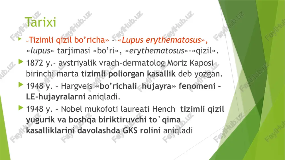 mi 4)verlgof sindromi 5)epilepsiya sindromi tasnifi faolligi bo`yicha i. faol bosqichi yuqori (3-daraja) yengil (2-daraja) minimal (1-daraja) ii. nofaol bosqichi (remissiya) zararlanishning klinik - morfologik tasnifi teri –ekssudatli eritema, diskoidli yugurik,kapilyar purpura bo`g`im- artralgiya, poliartrit buyrak – diffuz glomerulonefrit yurak – miokardit, endokardit, mitral klapan yetishmovchiligi o`pka – pnevmonit, pnevmoskleroz nerv tizimi – ensefalonevrit, polinevrit klinikasi katta uchlik simptomi dermatit poliartrit poliserozit terining zararlanishi yuzdagi kapalak eritema vaskulit diskoidli yugurik fotodermatit alopetsiya to’rsimon livedo shilliq qavatlar zararlanishi: xeylit, stomatit miqdori oshib ketishi ma'lum bo'ldi. organizmning allergen qizil yugurik kasalligiga chalingan bemorlarda esterogenlar holati va fotosensibilizatsiya darajasi estrogenlar miqdoriga bog'liq ekan. kasallikning qiz bolalar va yosh ayollarda ko'p uchrashi sababi ham mana shunda, deb ta'kidlanadi. ayollar erkaklardan 8 marta ko'proq kasallanar ekan. qizil yugurik kasalligining rivojlanishida oganizmda yallig'lanish o'choqlarining (tonzillit, gaymorit) mavjudligi, antibiotiklar va sulfanilamidlarning tartibsiz ravishda ko'p miqdorda qabul qilinishi, turli nurlanishlarning ta'sir etishi holatlari muhim ahamiyat kasb etadi. kasallik …