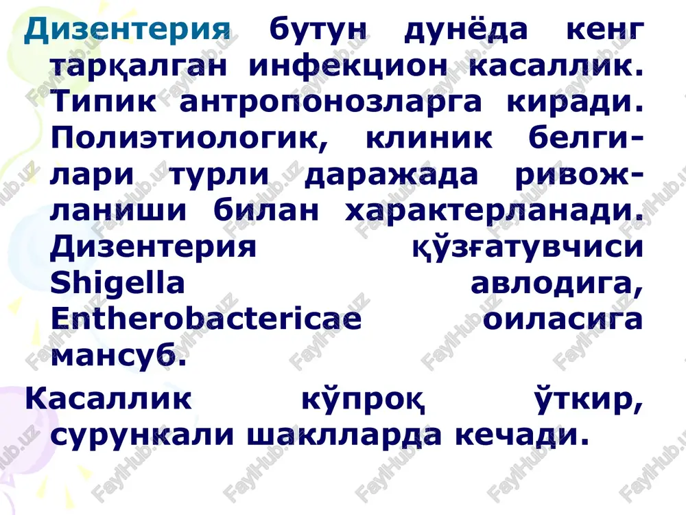 kataral-follikulyar kolit. v. erroziv-yarali kolit. g. atrofik kolit. a. b. v. g. dizenteriyaning klinik tasnifi 1. o'tkir dizenteriya a) kolitik b) gastroentrokolitik v) gastroenteritik 2.surunkali dizenteriya a) qaytalanuvchi b) uzluksiz 3.bakteriya tashuvchilik. dizenteriyaning klinik tasnifi kasallikning kechishi buyicha: - engil; - urta ogir; - ogir; - uta ogir; - yashirin. o'tkir dizenteriya engil kolitik turi- utkir boshlanadi, t= 37 – 38s, xolsizlik, ishtaxa pasayishi kuzatiladi. korinda kuchsiz ogrik, ich kelishi 3-5 marta, lekin 10 martadan kup emas. o'tkir dizenteriya kolitik turining o'rta og'ir kechishi o'tkir boshlanadi – qaltirash, t= 39 – 40s, anoreksiya, bosh og'rig'i, ko'ngil aynishi, qorinda keskin og'riq, tenezmlar kuzatiladi. ich kelishi sutkasiga 10-20 martagacha, qon shilliq aralash, ba'zan kam miqdorda, "rektal ichak tufigi» ko'rinishida bo'ladi. o'tkir dizenteriya kolitik turining og'ir kechishi o'tkir boshlanadi, t= 39s va undan yuqori, xushdan ketish, alaxsirash, ko'ngil aynishi, qayt qilish bilan. ich kelishi sutkasiga 50 martagacha, ba'zan undan xam ko'p, ya'ni “sanoqsiz", …