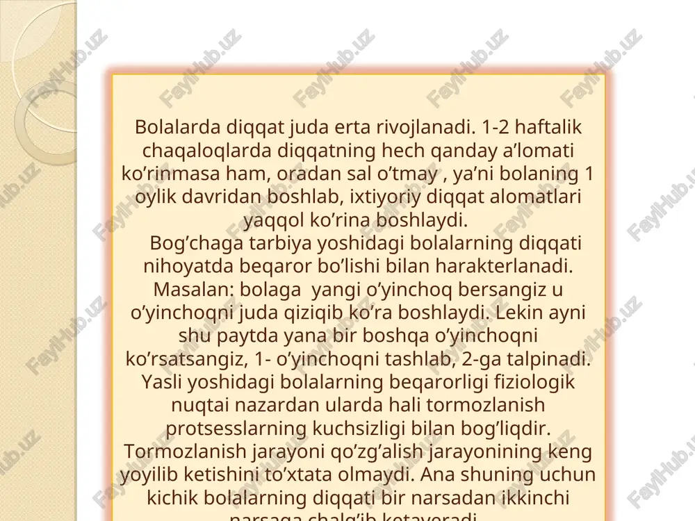tning kuchini hamda barqarorlik xususiyatini tarbiyalab borishlari zarur. . bog’cha yoshida bolalarda avvalgi davrlarga nisbatan diqqatning ko’lami(hajmi) ham ancha kengaydi. bolalar diqqatining ko’lami katta odamlarnikiga nisbatan hali ham juda tor bo’ladi. masalan, katta odamlar diqqatining ko’lami ayni vaqtda 5-6 narsani (bir-biri bilan bog’lanmagan harflarni yoki raqamlarni) sig’dira olsa, bog’cha yoshidagi bolalar diqqatining ko’lami ayni bir vaqtda 1-2 narsanigina (kichikguruh bolalari 1ta, o’rta va katta guruh bolalari 2ta) sig’dira oladi bog’cha yoshdagi bolalarning diqqati ko’pincha ularning qiziqishi hamda hissiyotlari bilan bog’liqligi sababli konsentrlashgan, ya’ni bir narsaga qaratilgan bo’ladi. ana shuning uchun bu yoshdagi bola diqqatining bo’linuvchanlik xususiyati deyrli rivojlanmagan bo’ladi. shunday qilib, bolaning bog’chaga va bog’cha yoshidagi davrida diqqat ancha tez rivojlanadi. bu davrda asosan diqqatning ixtiyorsiz turi ko’proq rivojlanadi. lekin bolaning bog’cha yoshidagi faoliyat va xususan, didaktik hamda mehnat mashg’ulotlarning tizimli tarzda ortib borishi, ularda i xtiyoriy diqqatning rivojlanishiga olib keladi. diqqatning bundan keying tarqqiyoti maktabda ta’lim jarayonida amalga oshiriladi.