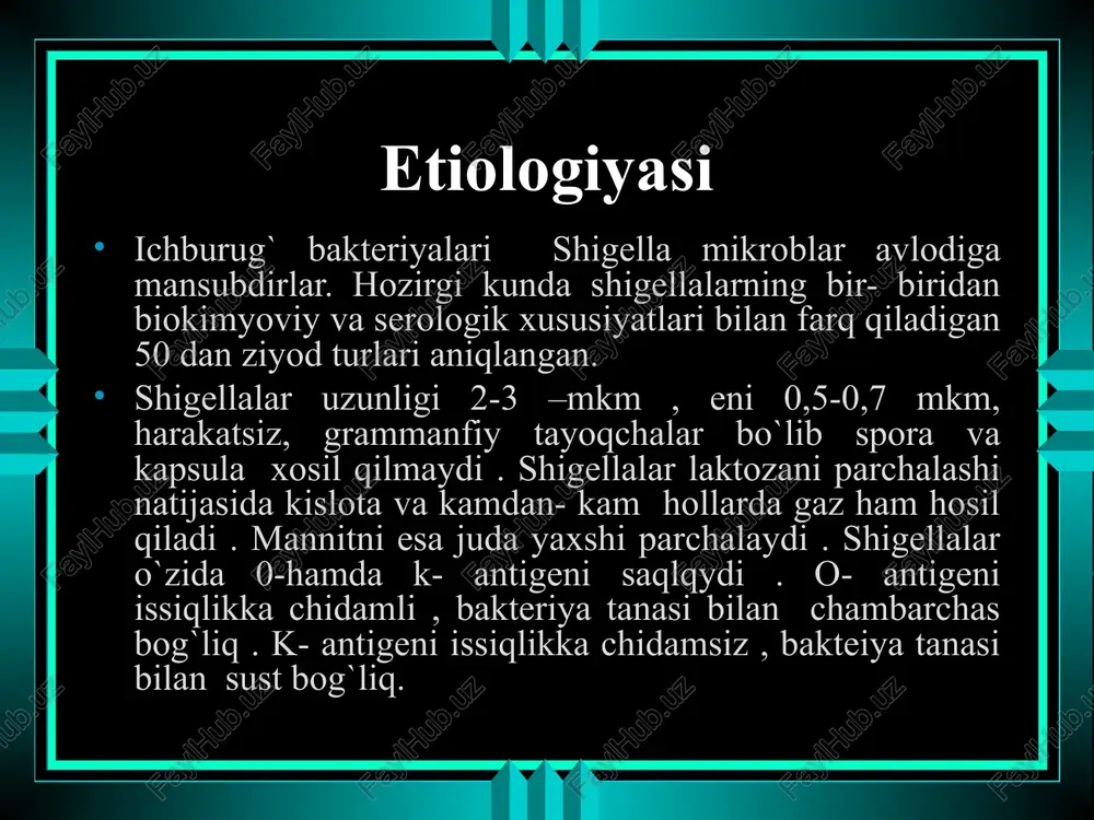 lsizlikka, ko`ngil aynishi, tenezmlar va yolg`on chaqiriqlarga shikoyat kiladilar. bemorlarni ko`zdan kechirganda, ularning holati diqqatni tortadi. bemorlar yon tomoniga yoki chalqancha yotib, oyoqlarini qorniga bukkan holda, kornini qo`llari bilan isitishga harakat qiladi. vaqti-vaqti bilan bemorlarning yuzida og`riq ifodasini ko`rish mumkin, bu esa qorindagi xurujsimon og`riqlar va tenezmlarning ifodasidir. davomli va yuqori isitma dizenteriya uchun xos emas. isitmaning davomiyligi bir necha soatdan 2-5 kungacha cho`ziladi. isitma subfebril, ayrim hollarda 40-41 s darajaga ko`tariladi. klinikasi belgilarning so`nish davri – umumiy zaharlanishva kolit sindromlarning so`nishi bilan tavsiflanadi .asta sekinlik bilan bemorlarning uyqusi va ishtahasi yaxshilanadi ,qorinda og`riqlar kamayadi va yo`qoladi .najas bo`tqasimon tusga ega bo`ladi va unda bir oz shilliq bo`lishi mumkin . ko`pincha ich ketish qabziyat bilan almashinadi . bemorlar holati faol bo`ladi. ichburug`ning cho`zilgan hollarda oshqozon ichak yo`lidagi o`zgarishlar yaqqol bo`lib , najas bilan qo`zg`atuvchilar chiqib turadi klinikasi sog`ayish davrida juda ko`p rekonvalestsentlar amaliy sog`lom bo`ladilar. 2-4 hafta mobaynida kasallik oqibatida …