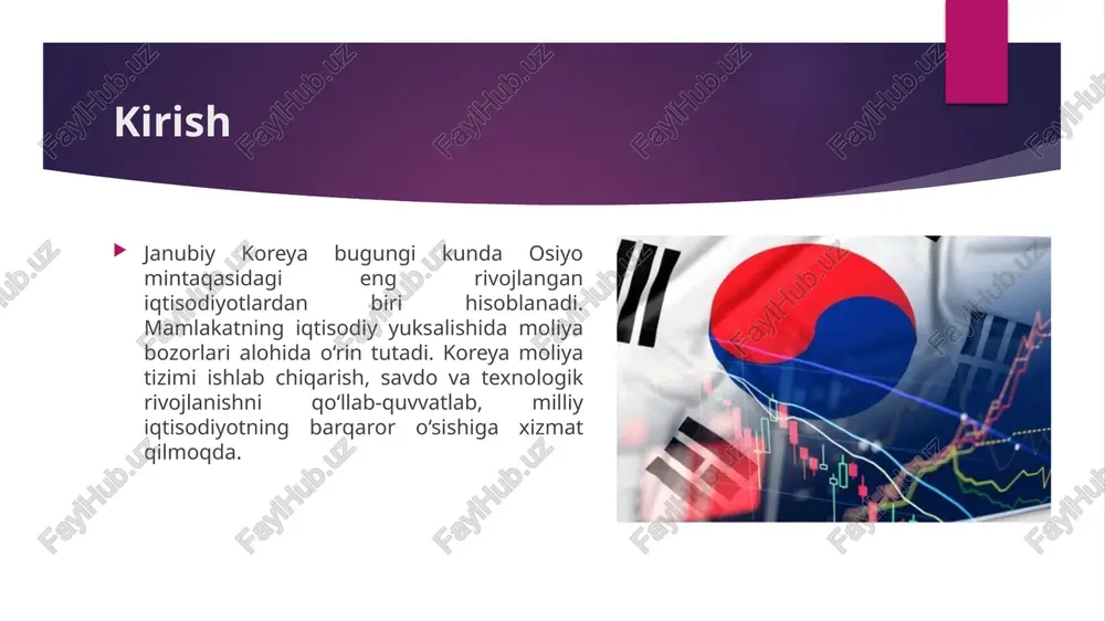 ul-kredit siyosatini yuritadi, milliy valyuta bo‘lgan vonni barqarorlashtiradi, inflyatsiyani nazorat qiladi va banklararo hisob-kitob tizimini boshqaradi. markaziy bank iqtisodiy siyosatni muvofiqlashtiruvchi asosiy moliyaviy institut sifatida mamlakatdagi makroiqtisodiy barqarorlikni saqlashda hal qiluvchi rol o‘ynaydi. koreyada moliyaviy faoliyat ustidan nazorat va tartibga solish ikki asosiy tashkilot tomonidan amalga oshiriladi. bular — financial services commission (fsc) va financial supervisory service (fss). fsc moliyaviy siyosatni ishlab chiqish, litsenziyalash va qonuniy me’yorlarni belgilash bilan shug‘ullanadi, fss esa bevosita banklar, sug‘urta kompaniyalari va boshqa moliyaviy tashkilotlarning faoliyatini nazorat qiladi. bu ikki tuzilma birgalikda moliya tizimining shaffofligi va ishonchliligini ta’minlaydi. koreya bank sektori. koreya bank sektori mamlakat moliyaviy tizimining asosiy tayanchidir. bu sohada kookmin bank, shinhan bank, hana bank, woori bank kabi yirik tijorat banklari yetakchilik qiladi. ular korxonalarni kreditlash, aholiga turli depozit va to‘lov xizmatlarini ko‘rsatish, shuningdek xalqaro operatsiyalarni amalga oshirish bilan shug‘ullanadi. davlat tomonidan tashkil etilgan korea development bank va boshqa ixtisoslashgan banklar esa iqtisodiyotning …