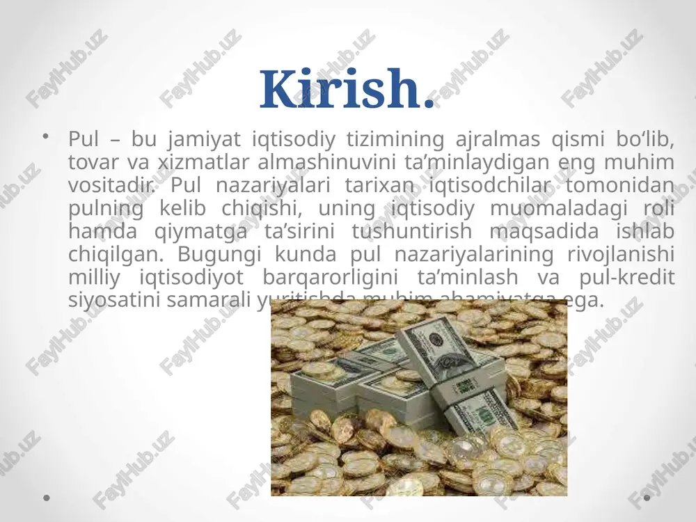 tushuntirdi. monetaristlar esa (f. fridman va boshqalar) pul massasining barqaror o‘sishini makroiqtisodiy barqarorlik uchun zarur deb hisobladilar. shu tariqa, klassik nazariyaning g‘oyalari zamonaviy monetar va makroiqtisodiy nazariyalar ichida muhim joyni egallab, ularni takomillashtirishga xizmat qildi. amaliy jihatdan, klassik pul nazariyasi bizga inflyatsiyani tushunish va markaziy bank siyosatini shakllantirishda zarur bo‘lgan soddalashtirilgan chora-tadbirlarni beradi. u pul massasini nazorat qilish orqali narxbarqarorlikni ta’minlash mumkinligini ko‘rsatadi, biroq hozirgi murakkab va finansiallashgan iqtisodiyotda bu choralar yagona va yetarli emasligini ham ko‘rsatadi. shu sababli, zamonaviy siyosatchilar klassik g‘oyalardan kelib chiqib, ularni moliyaviy instrumentlar, fiskal siyosat va mikrostrukturaviy islohotlar bilan birgalikda qo‘llashadi. klassik pul nazariyasi — pulning qiymatini va uning makroiqtisodiy roli haqida eng dastlabki ilmiy tushunchalardan biri bo‘lib, iqtisodiy nazariyaning keyingi bosqichlarini shakllantirishga xizmat qilgan. uning metallga asoslangan pul tushunchasi, pul va narxlar orasidagi bog‘liqlik hamda xalqaro oltin oqimlari mexanizmi tarixiy jihatdan muhim bo‘lsa-da, zamonaviy sharoitlarda ularni keyingi nazariyalar bilan birgalikda qayta ko‘rib chiqish va …