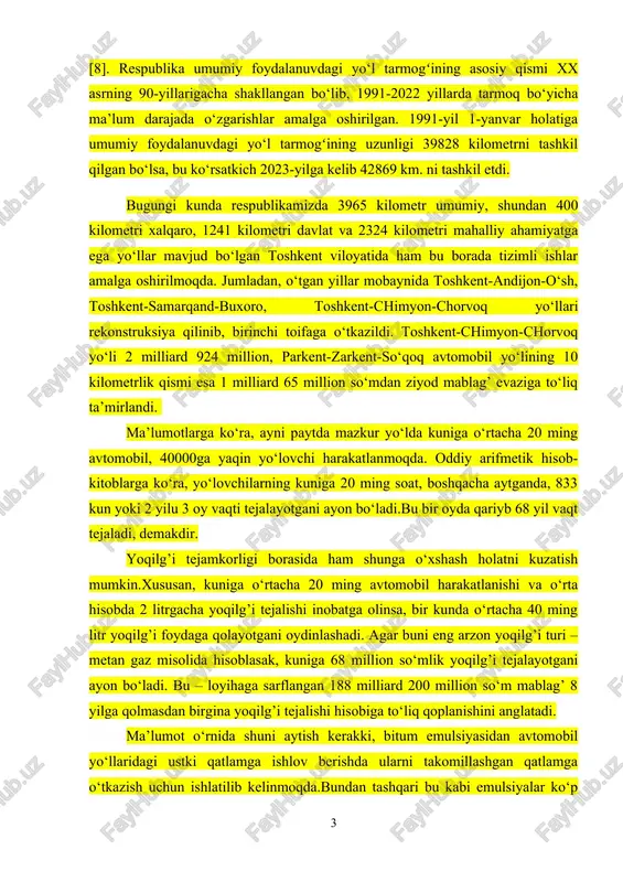 lar amalga oshirilmoqda. jumladan, o‘tgan yillar mobaynida toshkent-andijon-o‘sh, toshkent-samarqand-buxoro, toshkent-chimyon-chorvoq yo‘llari rekonstruksiya qilinib, birinchi toifaga o‘tkazildi. toshkent-chimyon-chorvoq yo‘li 2 milliard 924 million, parkent-zarkent-so‘qoq avtomobil yo‘lining 10 kilometrlik qismi esa 1 milliard 65 million so‘mdan ziyod mablag’ evaziga to‘liq ta’mirlandi. ma’lumotlarga ko‘ra, ayni paytda mazkur yo‘lda kuniga o‘rtacha 20 ming avtomobil, 40000ga yaqin yo‘lovchi harakatlanmoqda. oddiy arifmetik hisob-kitoblarga ko‘ra, yo‘lovchilarning kuniga 20 ming soat, boshqacha aytganda, 833 kun yoki 2 yilu 3 oy vaqti tejalayotgani ayon bo‘ladi.bu bir oyda qariyb 68 yil vaqt tejaladi, demakdir. yoqilg’i tejamkorligi borasida ham shunga o‘xshash holatni kuzatish mumkin.xususan, kuniga o‘rtacha 20 ming avtomobil harakatlanishi va o‘rta hisobda 2 litrgacha yoqilg’i tejalishi inobatga olinsa, bir kunda o‘rtacha 40 ming litr yoqilg’i foydaga qolayotgani oydinlashadi. agar buni eng arzon yoqilg’i turi – metan gaz misolida hisoblasak, kuniga 68 million so‘mlik yoqilg’i tejalayotgani ayon bo‘ladi. bu – loyihaga sarflangan 188 milliard 200 million so‘m mablag’ 8 yilga qolmasdan …