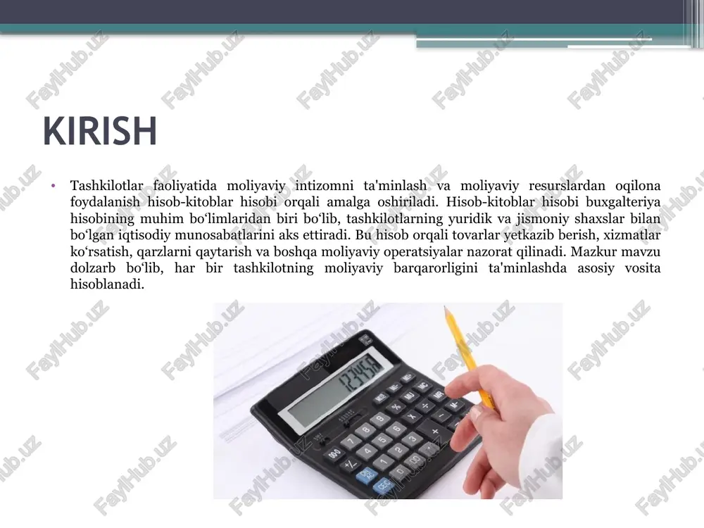 atlarda aks ettirilgan bo‘lishi lozim. hisob-kitoblar yuritish tartibi quyidagicha bosqichma-bosqich tashkil etiladi: moliyaviy bitim yoki shartnoma tuzish tashkilotlar bir-birlari bilan shartnoma asosida moliyaviy munosabatga kirishadi. shartnomada mahsulot miqdori, narxi, to‘lov muddati, to‘lov shakli va tomonlarning majburiyatlari aniq belgilab beriladi. hisob-faktura rasmiylashtirish hisob-faktura – bu yetkazib berilgan tovar yoki xizmatlar uchun rasmiy moliyaviy hujjat bo‘lib, unda to‘lov miqdori, sana, to‘lovchi va qabul qiluvchi tashkilotlarning rekvizitlari ko‘rsatiladi. hisob-faktura buxgalteriya hisobida asosiy hujjatlardan biri hisoblanadi. to‘lov topshiriqnomasi asosida to‘lovni amalga oshirish hisob-faktura asosida to‘lovchi tashkilot bank orqali to‘lov topshiriqnomasi tayyorlaydi. ushbu topshiriqnoma to‘lov amalga oshiriladigan miqdorni, bank hisob raqamlarini va shartnoma raqamlarini o‘z ichiga oladi. buxgalteriya yozuvlarini kiritish har bir operatsiya buxgalteriya dasturiga (masalan, 1c, erp, va boshqalar) kiritiladi. bu yozuvlar orqali balans holati, debitor va kreditor qarzlar holati nazorat qilinadi. hisob-kitoblar yuritishda ishlatiladigan asosiy hujjatlar: shartnoma (kelishuv) hisob-kitoblarning huquqiy asosidir. u tomonlarning majburiyatlari va huquqlarini belgilaydi. hisob-faktura (schetfaktura) tovar yoki xizmat uchun …