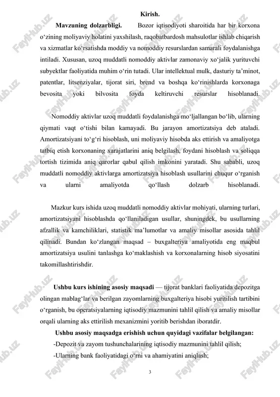 ayom tushunchalarining iqtisodiy mazmunini tahlil qilish; -ularning bank faoliyatidagi o‘rni va ahamiyatini aniqlash; -depozit operatsiyalarini buxgalteriya hisobida aks ettirish tartibini o‘rganish; -depozit va zayomlar bilan bog‘liq bo‘lgan muammolar va ularni hal qilish yo‘llarini aniqlash; mavzuga oid xulosalar chiqarish va amaliy tavsiyalar ishlab chiqish. mavzuning o‘rganilganlik darajasi. bank amaliyotida depozit va kredit operatsiyalarining buxgalteriya hisobini yuritish bo‘yicha bir qancha ilmiy va amaliy ishlar olib borilgan. mazkur mavzu o‘zbekiston respublikasi markaziy banki, moliya vazirligi, tijorat banklari hamda xalqaro moliyaviy institutlar tomonidan doimiy ravishda o‘rganib boriladi. mavzu bo‘yicha o‘zbekiston va xorijiy mamlakatlarda olib borilgan ilmiy tadqiqotlarda, jumladan, m. murodov, u. isroilov, s. qurbonov, a. mullaxo‘jayev, hamda boshqa iqtisodchi olimlarning asarlarida bank buxgalteriyasi, kreditlash siyosati, depozitlar bilan ishlash tamoyillari keng yoritilgan. shuningdek, xalqaro moliyaviy hisobot standartlarida (xmhs), o‘zbekiston respublikasi prezidentining farmonlari va markaziy bankining me’yoriy hujjatlarida ham mazkur operatsiyalar muhim o‘rin egallaydi. biroq, bu sohada amaliyot bilan nazariya o‘rtasida ayrim tafovutlar mavjud bo‘lib, ayniqsa …