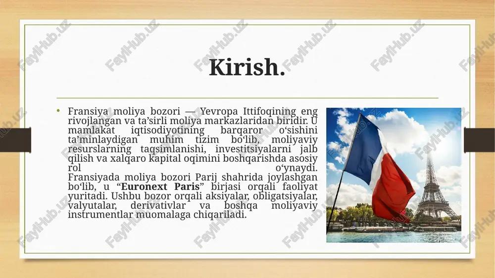 osiy ko‘rsatkichlari. fransiya moliya bozori mamlakat iqtisodiyotining yuragi hisoblanadi, chunki u kapital oqimini boshqaradi, investitsiyalarni rag‘batlantiradi va korxonalarning rivojlanishiga moliyaviy resurslar yaratadi. bozor faoliyati asosan qimmatli qog‘ozlar, obligatsiyalar, valyuta, bank kreditlari va sug‘urta xizmatlari orqali amalga oshiriladi. fransiyada moliya bozori euronext paris birjasi orqali markazlashtirilgan holda boshqariladi. ushbu birjada yirik kompaniyalar, jumladan totalenergies, l’oréal, sanofi, bnp paribas, va airbus kabi korporatsiyalar o‘z aksiyalarini joylashtiradi. bozorning umumiy kapitallashuvi 2024-yilda 3 trillion yevroga yaqin bo‘lib, bu fransiyani yevropaning eng yirik moliyaviy markazlaridan biriga aylantirgan. fransiya moliya bozorining asosiy ko‘rsatkichlari orasida kapitallashuv darajasi, aksiyalar bo‘yicha o‘rtacha rentabellik, yillik savdo hajmi, investitsiya oqimi va foiz stavkalari alohida ahamiyatga ega. masalan, euronext paris bozorida o‘rtacha yillik savdo hajmi 1.2 trillion yevroni tashkil etadi, bu esa bozordagi likvidlik darajasining yuqoriligini ko‘rsatadi. shuningdek, aksiyalar bo‘yicha o‘rtacha daromadlilik 6–8% atrofida bo‘lib, investorlar uchun jozibadorlikni oshiradi. bank sektorida esa kreditlar hajmi yildan-yilga o‘sib bormoqda. 2024-yil ma’lumotlariga ko‘ra, fransiya banklarining …