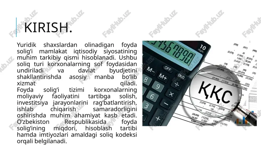 ot, tovar va xizmatlar realizatsiyasidan tushgan daromadlar; moliyaviy operatsiyalar (foizlar, dividendlar, investitsiya foydalari)dan olingan daromadlar; boshqa faoliyatlardan olingan daromadlar. umumiy daromad=d1​+d2​+d3​+… 2. bosqich – ruxsat etilgan xarajatlarni aniqlash. korxona faoliyatini yuritish bilan bog‘liq barcha asosli va hujjatlashtirilgan xarajatlar umumiy daromaddan chiqariladi. bunga quyidagilar kiradi: xom ashyo va materiallar xaridi; ish haqi va ijtimoiy to‘lovlar; amortizatsiya xarajatlari; transport, aloqa, ijaraga oid xarajatlar; marketing, reklama, xizmat ko‘rsatish xarajatlari. ruxsat etilgan xarajatlar=x1​+x2​+x3​+… bosqich – soliq solinadigan foydani aniqlash soliq solinadigan foyda — bu umumiy daromad va xarajatlar orasidagi farq. soliq solinadigan foyda=umumiy daromad−ruxsat etilgan xarajatlar agar korxonada avvalgi yillardan o‘tkazilgan zararlar bo‘lsa, ular ham chegirilishi mumkin (amaldagi qonunchilikka muvofiq). 4: bosqich – foyda solig‘i miqdorini hisoblash. foyda solig‘i summasi quyidagi asosiy formula orqali hisoblanadi: foyda solig‘i summasi=soliq solinadigan foyda×amaldagi soliq stavkasi o‘zbekiston respublikasida hozirda (2024–2025 yillar uchun) foyda solig‘i stavkasi: umumiy tartibda — 15% ayrim tarmoqlar (bank, sug‘urta, telekommunikatsiya) uchun — 20% gacha …