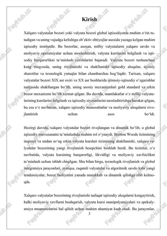kelishiga ob'ektiv ehtiyojlar va iqtisodiy talablar asosida qarash mumkin. bu bozorlar, asosan, milliy valyutalarni xalqaro savdo va moliyaviy operatsiyalar uchun moslashtirish, valyuta kurslarini belgilash va iqtisodiy barqarorlikni ta'minlash uchun yaratilgan. xalqaro valyutalar bozorining vujudga kelishi uchun ob'ektiv zaruratlar, avvalo, iqtisodiy aloqalarning kengayishi va xalqaro savdo hajmining oshishi bilan bog'liq bo‘lib, bu jarayonlar natijasida milliy valyutalar o‘rtasida muvofiqlik va muvozanatni ta'minlash muhim bo‘ldi. tarixan, xalqaro valyutalar bozorining shakllanishi xix asr oxiri va xx asr boshlariga to‘g‘ri keladi. bu davrda iqtisodiy rivojlanish, texnologik yutuqlar va xalqaro savdoning kengayishi natijasida valyutalar o‘rtasidagi munosabatlar muhim ahamiyat kasb etdi. birinchi navbatda, gold standard (oltin standarti) tizimi asosida valyutalar kursini belgilash va uni erkin bozor mexanizmi bilan boshqarish muhim qadamlar bo‘ldi. bu mexanizm, bir tomondan, valyuta kurslarining barqarorligini ta'minlashga yordam berdi, ikkinchidan, xalqaro savdoda ishonchlilikni oshirdi. biroq, gold standard tizimining cheklovlari va iqtisodiy sharoitlarning o'zgarishi bilan, 20-asrda, ayniqsa, bretton woods tizimi asosida, valyuta kurslarini erkin bozor …