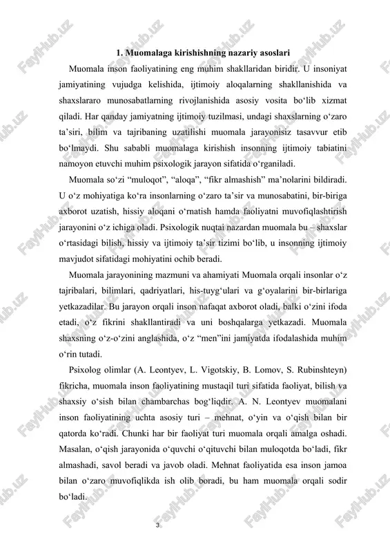 fikr almashadi, savol beradi va javob oladi. mehnat faoliyatida esa inson jamoa bilan o‘zaro muvofiqlikda ish olib boradi, bu ham muomala orqali sodir bo‘ladi. muomala nafaqat ijtimoiy aloqani ta’minlaydi, balki shaxsning ruhiy holatini boshqarish, hissiy muvozanatini saqlash va o‘zini anglash imkonini ham beradi. inson o‘z his-tuyg‘ularini boshqalar bilan bo‘lishganda, u yengillik, tushunish va ruhiy qoniqish hissini kechiradi. shu boisdan muomala shaxs psixikasining sog‘lom rivojlanishida ham katta ahamiyat kasb etadi. muomalaga kirishishning asosiy funksiyalari muomala bir qator funksiyalarni bajaradi: mazkur funksiyalar orqali muomala insonning ijtimoiy hayotda faol ishtirok etishiga zamin yaratadi. muomala turlari va shakllari muomala turli mezonlarga ko‘ra tasniflanadi. psixologiyada u bevosita (yuzma-yuz) va bilvosita (vositachilik orqali) muomala turlariga ajratiladi. bevosita muomala – bu insonlarning shaxsiy aloqada, to‘g‘ridan-to‘g‘ri muloqotda bo‘lishidir. bilvosita muomala esa texnik vositalar, yozma yoki elektron shakllar orqali amalga oshadi. masalan, telefon, internet, ijtimoiy tarmoqlar orqali muloqot qilish bilvosita muomala sanaladi. shuningdek, muomala og‘zaki (nutq orqali), og‘zaki bo‘lmagan …