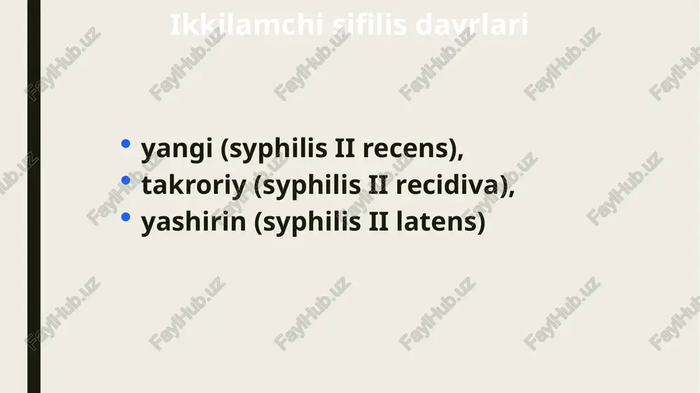 sos qat'iylik yumshoq qattiq rang pushti, tana qizil, to'q qizil, binafsha rang 14 palmoplantar papulyar sifilis bu atrofdagi teridan keskin ajratilgan "kalluslar" ko'rinishidagi qalinlashgan tugunlardir. palmoplantar sifilisning papulalari yuzasi silliq, eritematoz-jigarrang yoki lilac-qizil rangga ega. o'sish jarayonida markazdagi papulyar elementlar yorilib, aylana bo'ylab po'stloq chegara hosil qiladi. ko'pincha bemorlar sifilisning ushbu shaklini oddiy kalluslar bilan adashtiradilar va tibbiy yordamga murojaat qilmaydilar. 15 16 papulyar sifilisning boshqa navlari seboreik sifiliz psoriaziform sifilis lentikulyar sifilis diametri 0,3-0,5 sm 17 pustulezniy sifilid bu reaktivligi pasaygan zaiflashgan bemorlarda uchraydi. döküntünün elementi papula bo'lib, uning markazida infiltratning yiringli erishi sodir bo'ladi 18 pustular sifilisning turlari yuzaki pustular sifilidlar (impetiginoz, akne, chechak shaklidagi) ko'pincha ikkilamchi yangi sifilisda, chuqur pustular sifilis (ektimatoz , rupiyoid ) asosan ikkilamchi relapsda uchraydi. 19 ektimatoz sifiliz 20 sifilitik leykoderma hozirgi kunda kamdan-kam uchraydi,ilgari sifilisning o'ziga xos xususiyati bo'lib, u "venera marjonlari"deb nomlangan. bu terining umumiy sarg'ish-jigarrang qorayishi fonida engil oval yoki …