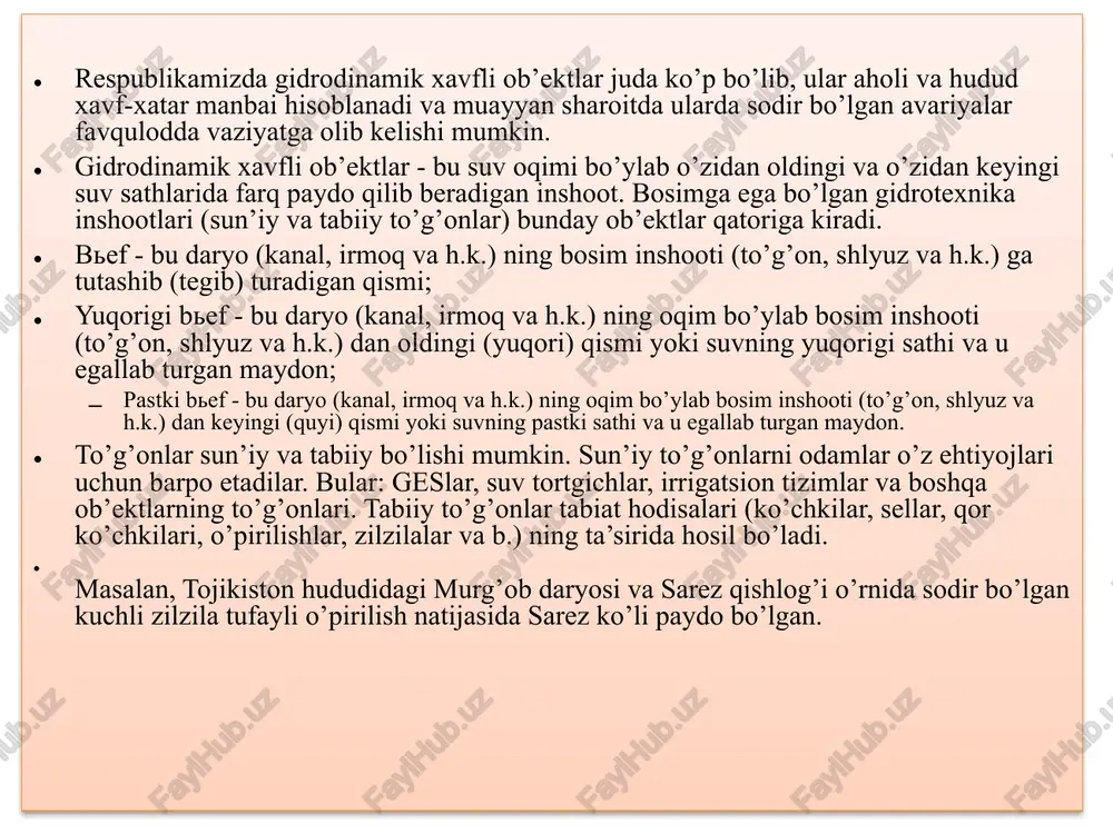 a suvni chiqarish uchun): o’zan inshootlari, qirg’oq inshootlari, yuza inshootlar, chuqur inshootlar va h.k.; tartiblash (to’g’rilash) inshootlari - suv oqib ketishi sharoitini hamda daryolar o’zani va qirg’oqlarini muhofaza qilish sharoitini yaxshilash uchun: ko’tarmalar, g’ovlar, qirg’oq mahkamlagichlar va h.k.; baliq xo’jaligi inshootlari kabi (baliq o’tkazish va baliq boqish uchun) turlarga bo’linadi. har bir gidrotexnik inshootda gidrotexnik qulf, ventil, g’ov, surma to’siq va h.k. singari maxsus uskuna-jihozlar va turli qurilmalar bo’ladi. bir qancha vazifalarni bajarishga mo’ljallanib, bir butun qilib birlashtirilgan gidrotexnik inshoot majmui gidrouzellar deb ataladi. gidrodinamik falokatlarning sabablari va turlari. markaziy osiyo hududida quyidagi gidrotexnika inshootlari mavjud- qayroqqum, chordara, toxtagul, andijon, karkidon, tolimarjon, nurek, ragun va boshqalar. o’zbekiston respublikasida xozirgi paytda 18,9 mlrd. 700 mln. m3 suv sig’dira oladigan 53ta suv ombori, daryo suvlarini viloyat va tumanlarga taqsimlab beruvchi 150dan ortiq suv to’g’onlari, 28122 km uzunlikdagi magistral kanallar va boshqa zarur suv inshootlari mavjud. harbiy holat sharoitida yoki favqulodda vaziyat jarayonida …