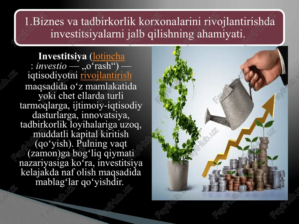 ategoriya 3 kategoriya 4 2 2 3 5 jahon tajribasining ko’rsatishicha, iqtisodiy islohotlarni amalga oshirish investitsiyalarni, xususan, turli sohalardagi investitsiya loyihalarini amaliyotga samarali tatbiq etish bilan ta’minlanadi. istiqlol yillarida mamlakatimizda samarali qonunchilik bazasi, xorijiy sarmoyadorlar uchun keng ko’lamli huquqiy kafolat va imtiyozlar majmui yaratildi, xorij kapitali ishtirokidagi korxonalar faoliyatini rag’batlantirish bo’yicha yaxlit chora-tadbirlar tizimi ishlab chiqildi. 2. biznes korxonalariga investitsiyalarni yo‘naltirishning huquqiy asoslari. xorijiy investitsiyalar ko’magida korxonalarga zamonaviy texnika va texnologiyalar joriy qilinib, eksportga mo’ljallangan mahsulotlar ishlab chiqarish rivojlanadi; import o’rnini bosadigan mahsulotlar ishlab chiqarishni yo’lga qo’yish, buning uchun xorijiy investitsiyalarni iqtisodiyotning yetakchi sohalariga yo’naltirish orqali pirovardida aholining turmush darajasini oshirish imkoni yaratiladi; kichik biznes va xususiy tadbirkorlikni rivojlantirish va qishloq xo’jaligi ishlab chiqarishini jadallashtirish o’sib borayotgan aholini ish joylari bilan ta’minlash imkoniyatlarini oshiradi; kichik biznes korxonalarini rivojlantirishda investitsiya loyihalarini amalga oshirishning ahamiyati . 4.korxonalarning eskirgan ishlab chiqarish quvvatlari, moddiytexnik bazasi yangilanadi va ular texnik jihatdan qayta qurollanadi; 5.tabiiy resurslarni …