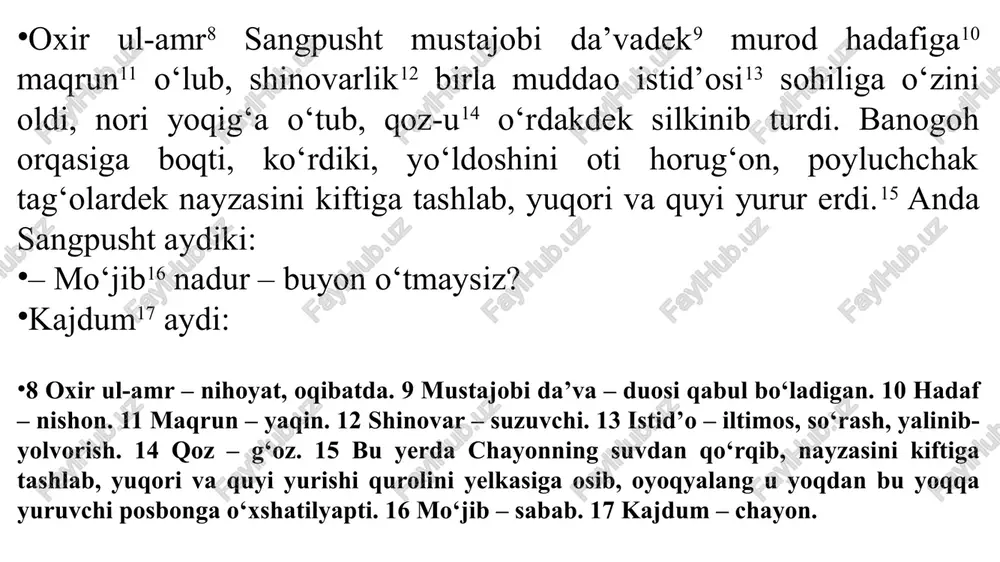 slardek11 bir g‘o‘ta12 urdikim, ul javohir termoqda qoldi va bul jon bermog‘da qoldi. 9 bahr – ummon, dengiz. 10 amiq – chuqur, teran. 11 g‘avvos – suvga sho‘ng‘uvchi. 12 g‘o‘ta urish – suvga sho‘ng‘is toshbaqa bilan chayon toshbaqa bilan chayon do‘st edilar. bir kun ular safarga otlandilar. nogoh yo‘lda bir anhorga duch keldilar. chayon o‘ta olmasligini sezib, hayron bo‘lib to‘xtadi. toshbaqa dedi: — ey aziz do‘stim, senga nima bo‘ldi, g‘amgin bo‘lib turibsan? chayon dedi: — birodar, men bu suvdan qanday o‘taman, — deb hayronman. toshbaqa dedi: — g‘am yema, orqamga mindirib, seni suvdan bexatar o‘tkazib qo‘yaman. toshbaqa chayonni orqasiga mindirib, suvga tushdi. suzib borayotganida uning qulog‘iga bir narsaning tiqirlagani eshitildi va chayonning harakatidan shubhalanib so‘radi: — eshitayotganim qanday ovoz — nima qilyapsan? chayon javob berdi: — nishimni sening qalqoningga sanchib ko‘rayapman. toshbaqa dedi: — men o‘zimni girdobga tashlab, seni suvdan bexatar o‘tkazmoqchi bo‘lsam-u, sen orqamga nish ursang. bila-sanki, nayzang mening …