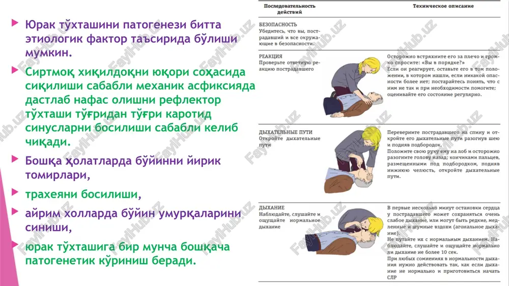 niya xolatidan keyingi bosqich xisoblanadi va xayot va o'lim o'rtasidagi o'tuvchi, xayotiy funktsiyalarning qaytuvchi davridir. bu qon aylanishining to'xtashi bilan boshlanadigan bosqichdir. klinik o'lim davrining davomiyligi bosh miya xujayralarining gipoksiyaga chidamliligiga bog'liq bo'lib, ko'p xollarda 4-7 minutni tashkil filadi. klinik o'lim davomiyligi quyidagilarga bog'liq: 1. organizmni yoshi va xolatiga; 2. keltirib chiqaruvchi sababning turi va sharoitga; 3. organizm qo'zg'alish faollashuvining darajasiga va boshqalar. agoniya xolatining davomiyligi klinik o'lim bosqichining qisqarishiga olib keladi https://youtu.be/-oxi9nzub4u bu davr kuyidagi xollarda qiskaradi: 1. modda almashinuvi kuchayganda; 2. isitmali xolatlarda; 3. uzoq muddatli kechuvchi kasalliklarda. klinik o'limni cho'zilishiga olib keladigan sabablar: 1. chuqur gipotermiya; 2. yuqori oksigenatsiya sharoitida qon aylanishining to'satdan to'xtashi; 3. gipoksiyaga organizmning moslashuvi. chuqur gipotermiyada (-20os) klinik o'lim davri 45 minutgacha cho'zilishi mumkin. shuning uchun ba'zi xollarda odam sovuk suvda bir soat cho'kkanda xam reanimatsion chora-tadbirlar yaxshi yordam berishi mumkin. agar klinik o'limda ko'rsatiladigan tadbirlar naf bermasa biologik o'lim kuzatiladi. klinik o'lim …