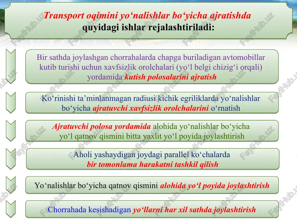 53,75 m olinib, uzunligi esa jadvaldagi harakat miqdorining qiymatiga qarab qabul qilinadi. transport oqimida traktorlar va qishloq xo‘jalik mashinalar soni, % harakat miqdori, avt/soat 200 400 600 800 3 gacha - - - 1 – 2 3 - 5 - - 1 - 2 1,5-2,5 5 - 10 - 1 - 2 1,5-2,5 2 - 3 10 - 15 1 - 2 1,5-2,5 2 - 3 2 - 3 yo‘l sharoitiga qarab qo‘shimcha polosalarni uzunligi 1-2 km ligini har 8-10 km, uzunligi 1,5-2,5 km ligini har 6-8 km va uzunligi 2-3 km ligini har 4-6 km masofadan keyin yo‘nalishlar bo‘yicha shaxmat tartibida o‘rnatiladi. qo‘shimcha polosalarning ko‘ndalang qiyaligi asosiy qatnov qismidagidek belgilanadi. ikki polosalik yo‘llarda aralash transport oqimining miqdori 2500 avt/sutkadan kam bo‘lsa, u holda qo‘shimcha polosa belgilanmaydi va yo‘lning parametrlari shnk 2.05.02-07 ko‘rsatilganidek qabul qilinadi. agarda avtomobillarning harakat miqdori sutkada 6000 va traktorlarniki 400 birlikdan ko‘p bo‘lsa, unda i-iii darajali …