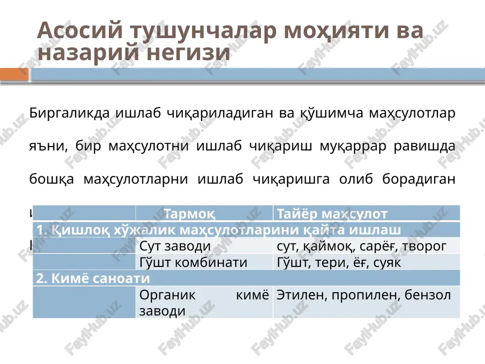 ha xarajatlarni sotish narxidan olib tashlash lozim. kompleks xarajatlar, 30000 so'm alohida xarajatlar, so'm: a mahsulot 16000 b mahsulot 24000 a mahsulotga taqsimlangan 30000 so'm x (24000 so'm / 40000 so'm) = 18000 so'm b mahsulotga taqsimlangan 30000 so'm x (16000 so'm / 40000 so'm) = 12000 so'm taqsimlangan jami kompleks xarajatlar 30000 so'm birliklar miqdori tayyor mahsulotni sotish narxi, so'm sotish qiymati, so'm alohida xarajatlar, so'm sof sotish qiymati, so'm a mahsulot 1600 25 40000 16000 24000 b mahsulot 800 50 40000 24000 16000 jami 40000 yalpi foyda doimiy ulushi usuli bu usulda kompleks ishlab chiqarish xarajatlari yalpi foydaning umumiy foizi mahsulotning har bir turi uchun bir xil qilib taqsimlanadi. bu usul quyidagilarni o'z ichiga oladi: yalpi foyda foizini hisoblash. sotilgan mahsulot tannarxini aniqlash va kompleks ishlab chiqarish xarajatlarini taqsimlash. shartli misol kompleks xarajatlar, so'm 30000 alohida xarajatlar, so'm: a mahsulot 16000 b mahsulot 24000 40000 birliklar soni tayyor …