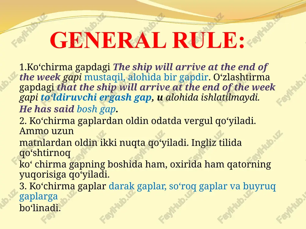 simple present, present perfect yoki simple future zamonlarining birida bo‘lsa ko‘chirma gapdagi zamon o‘zlashtirma gap da o‘zgarmaydi: ko‘chirma gap: o‘zlashtirma gap: he says (has said, will say), «i sent them the catalogue on monday ». u deydi (dedi, deydi): «men katalogni ularga dushanba kuni jonatdim». he says (has said, will say), «we shall ship the goods in may». u deydi (dedi, deydi): «biz tovarlarni may oyida yuklaymiz». he says (has said, will say) that he sent them the catalogue on monday. u katalogni ularga dushanba kuni jo‘natganligini aytadi (aytdi). he says (has said, will say) that they will ship the goods in may. u tovarlarni may oyida yuklashlarini aytadi (aytdi). 4. agar bosh gapdagi fe’l simple past, past continuous, past perfect zamonlarida bo‘lsa, ko‘chirma gapni o‘zlashtirma gapga aylantirganimizda ergash gapdagi zamon o‘tgan zamonga suriladi va quyidagicha o‘zgartiriladi: now then /at that time /immediately at that moment today / tonight that …