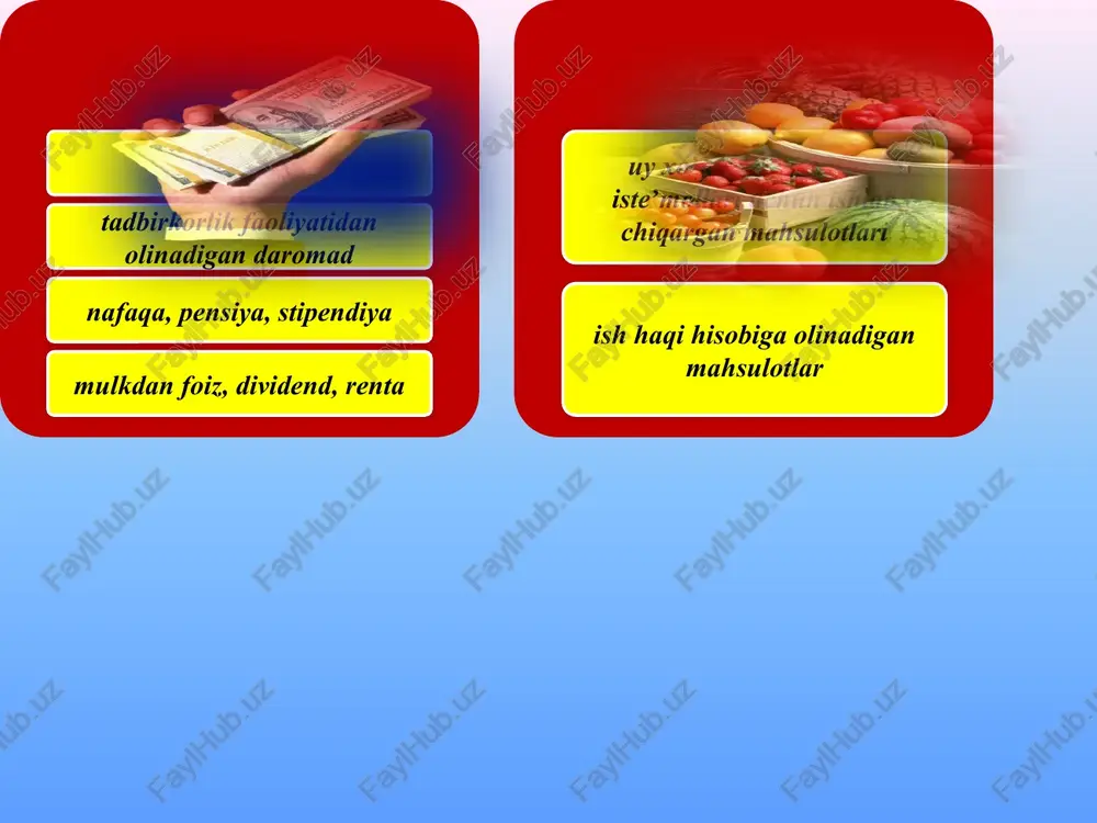 ti qatnashchilari o`rtasidagi ziddiyatlarni bartaraf qilishga yo`naltirilgan siyosatdir.. ijtimoiy to`lovlar – kam ta`minlanganlarga pul yoki natural yordam ko`rsatishga qaratilgan tadbirlar tizimi bo`lib, bu ularning iqtisodiy faoliyatda qatnashishi bilan bog’liq bo`lmaydi. ijtimoiy to`lovlarning maqsadi jamiyatdagi munosabatlarni insonparvarlashtirish hamda ichki talabni ushlab turish hisoblanadi. oʼzbekistonda aholini ijtimoiy himoyalash boʼyicha chora-tadbirlar 1-yo‘nalish narxlar erkinlashtirilishi va pulning qadrsizlanish darajasi ortib borishi munosabati bilan daromadlarning eng kam va oʼrtacha darajasini muntazam oshirib borish. 2-yo‘nalish ichki isteʼmol bozorini himoya qilish, hamda oziq-ovqat mahsulotlari va nooziq-ovqat mollari asosiy turlari isteʼmolini muayyan darajada saqlab turish. 3-yo‘nalish aholining kam taʼminlangan tabaqalarini ijtimoiy himoyalash va qoʼllab - quvvatlash borasida kuchli chora-tadbirlar oʼtkazish pensiya bilan nafaqaning farqi pensiya – qonun tomonidan kafolatlangan va fuqarolarni keksaligida, qisman yoki toʼliq mehnatga layoqatsizligi, boquvchisini yoʼqotganda hamda mehnat faoliyatining muayyan sohasida maʼlum ish stajiga erishgan paytida taʼminlashga qaratilgan pullik toʼlovdir. nafaqa – fuqarolarga qonunchilikda koʼzda tutilgan hollarda qisman yoki toʼliq mehnatga layoqatsizlik, ogʼir moddiy sharoit, …